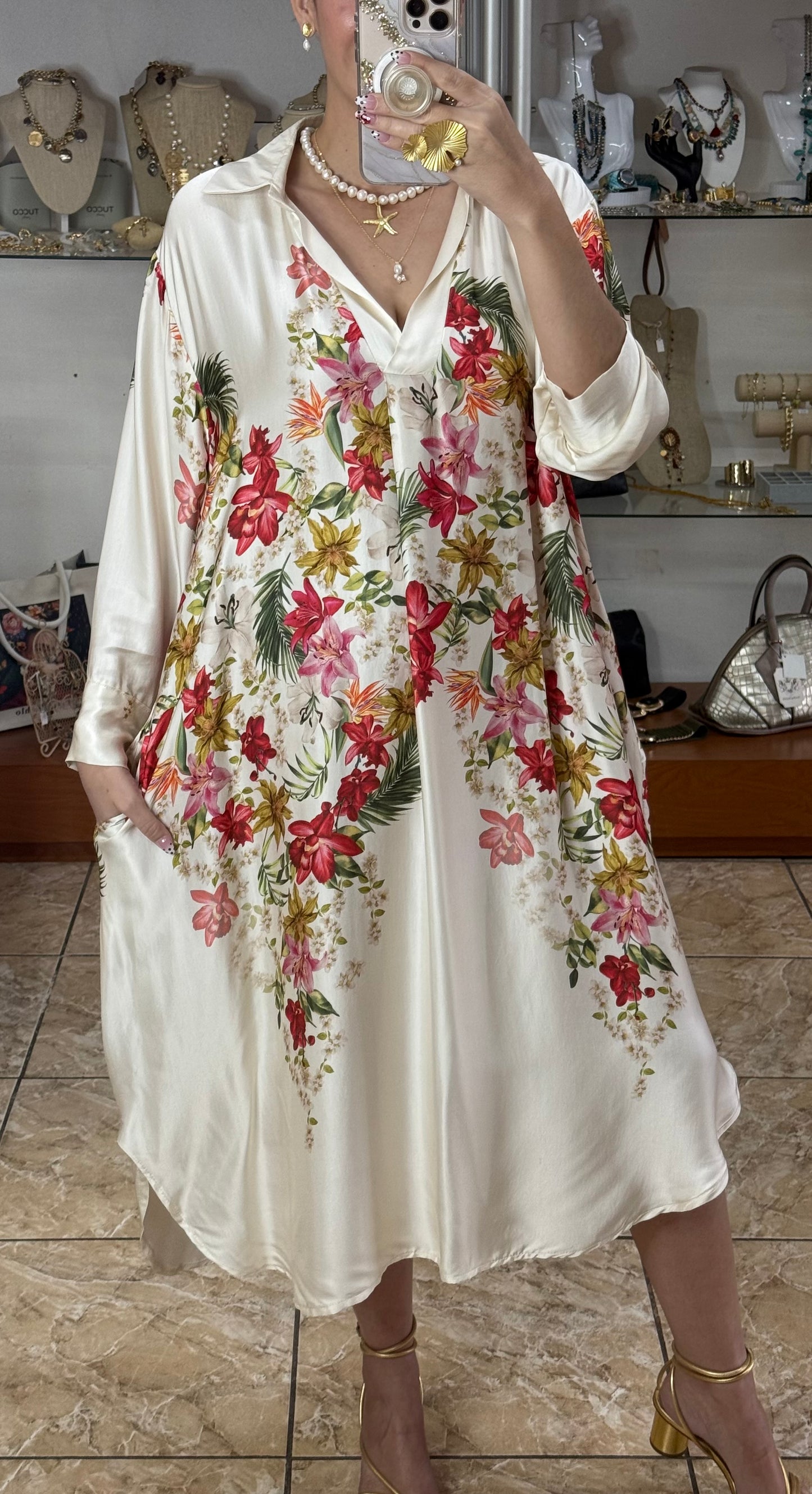 Cream Floral OS Midi Dress (FINAL SALE)
