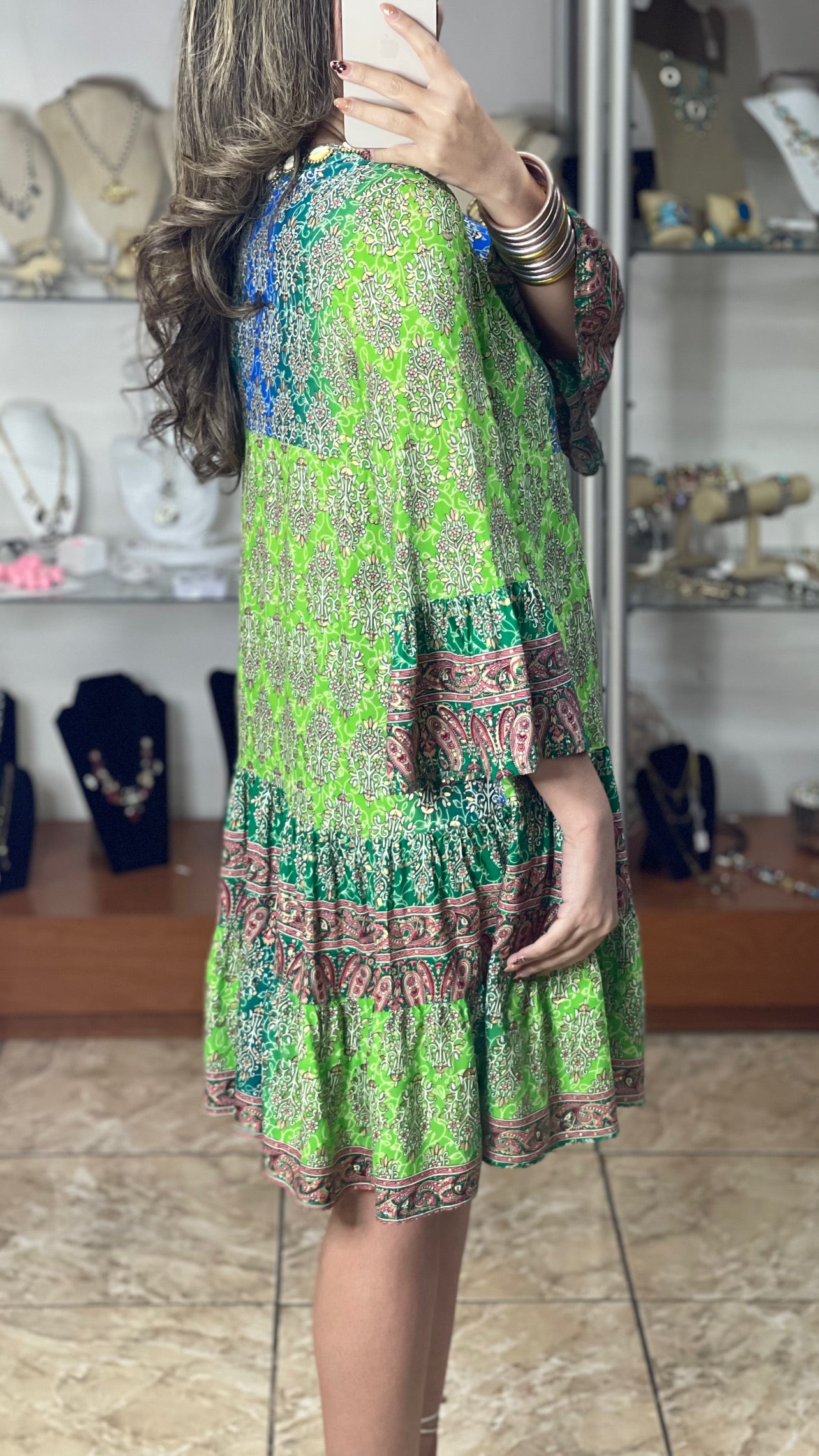 Green/Blue/Gold Short Boho Dress