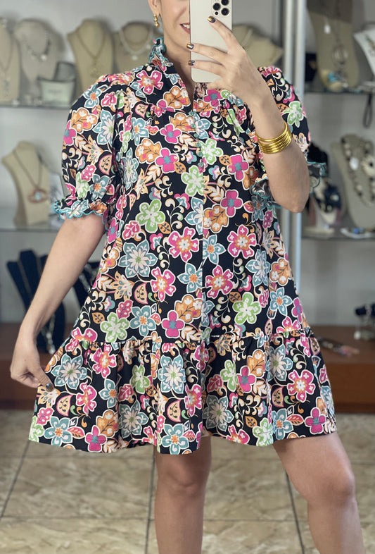 High Neck Floral Mini Dress