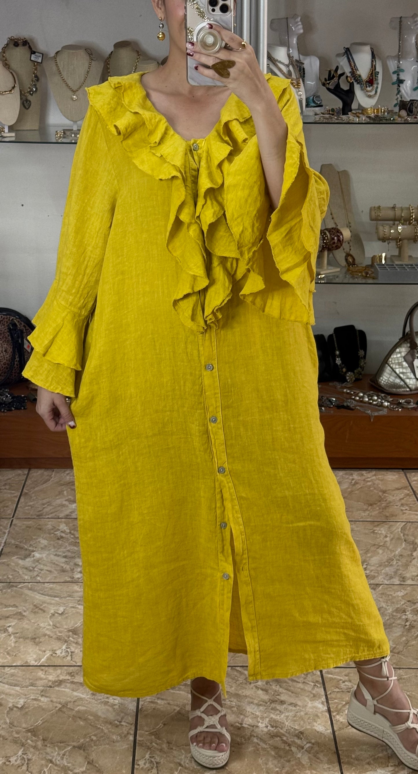 Ruffle Details OS Linen Maxi Dress (FINAL SALE)