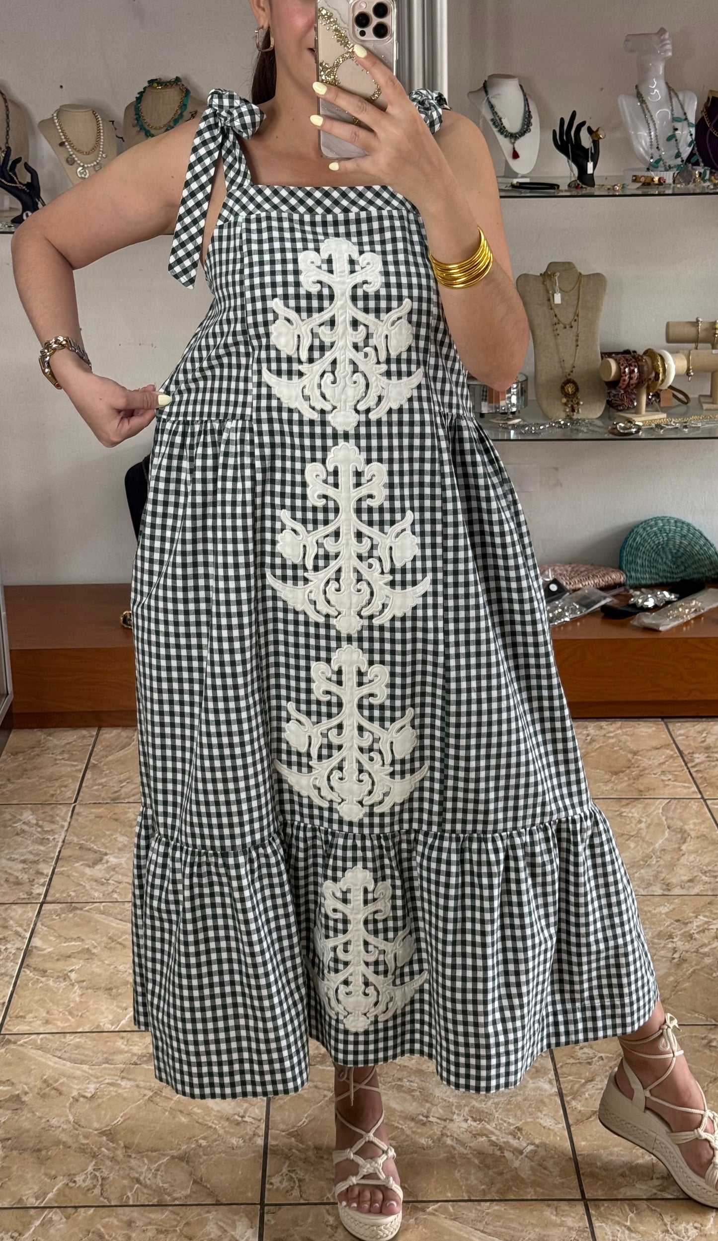 Hunter Green Gingham Midi Dress