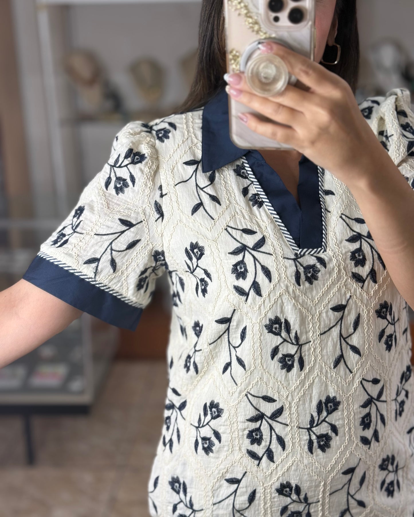 Cream/Navy Embroidered Dress (Reg & Plus)