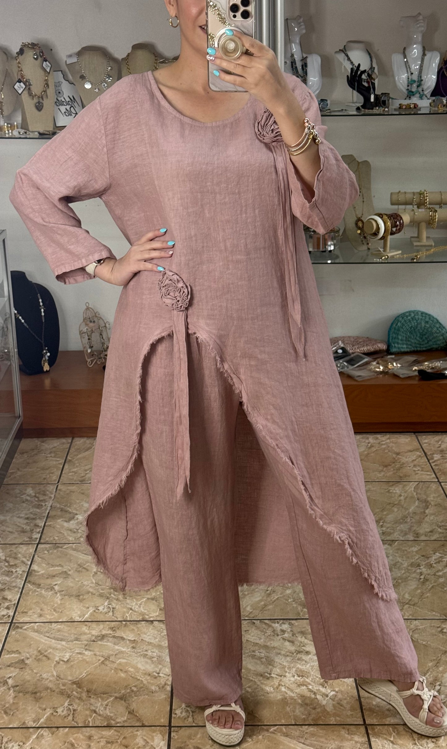 Dusty Rose OS Asymmetrical Top and Pant Linen Set (NO RETURNS OR EXCHANGE)