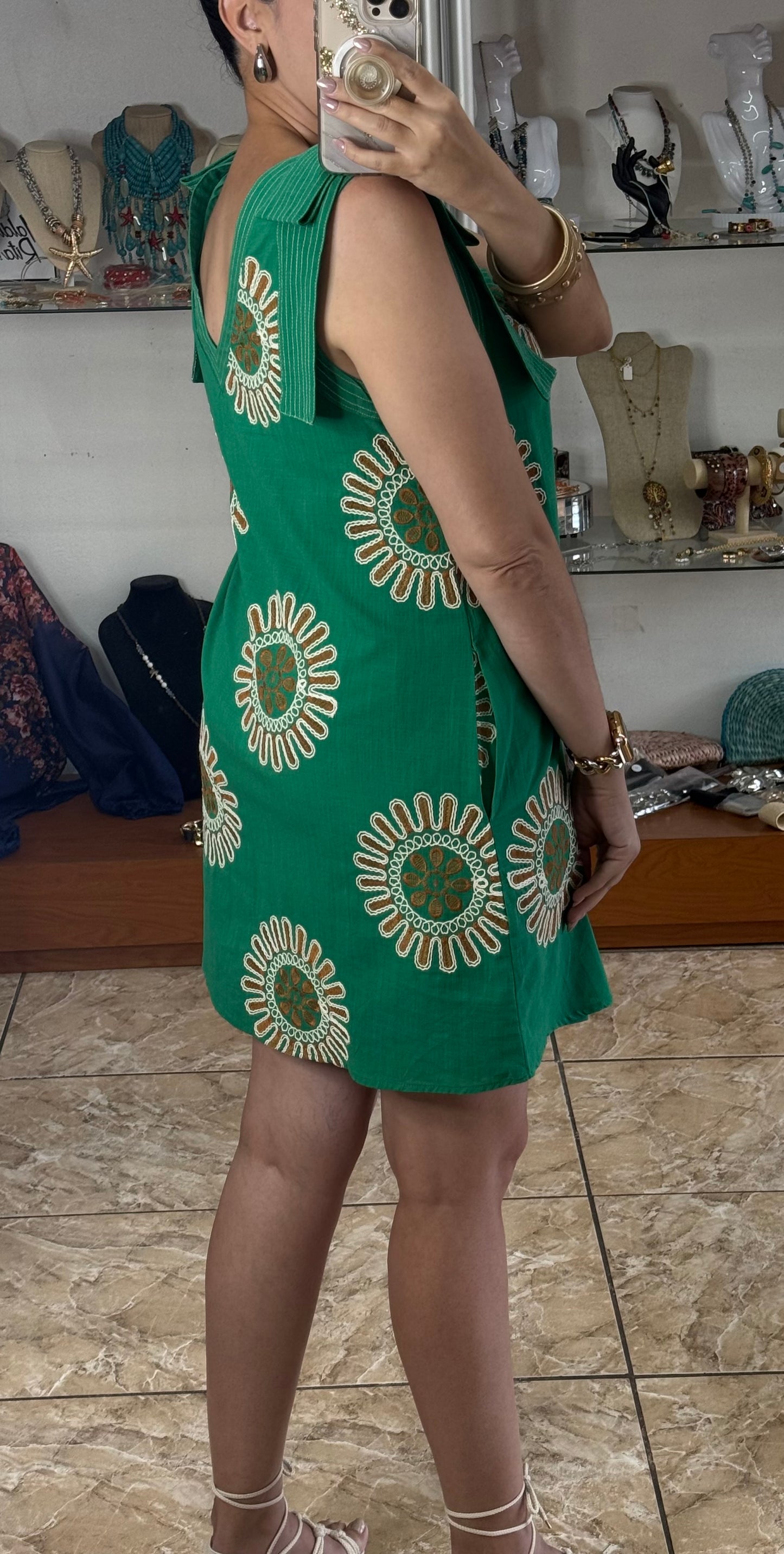 Green Sleeveless V-Neck Mini Dress