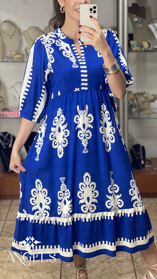 Cobalt Blue Border Print Midi Dress