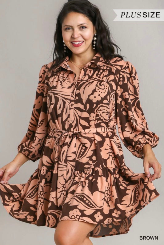 Two Tone Belted Floral Print Puff Sleeve Dress (PLUS)