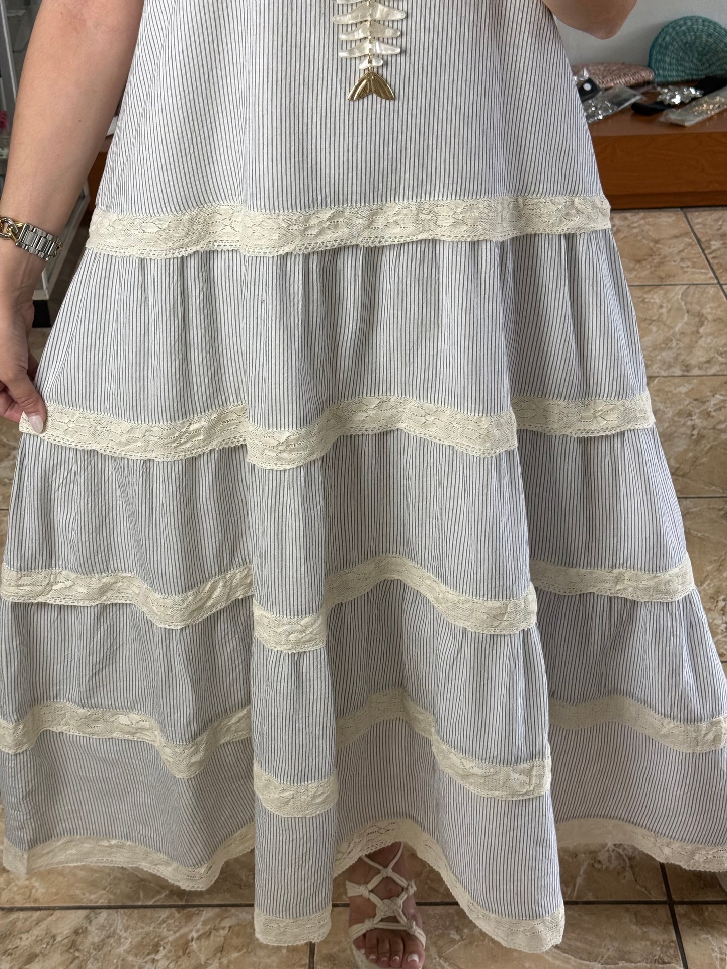 Blue/Cream Stripes with Lace Details Maxi Dress