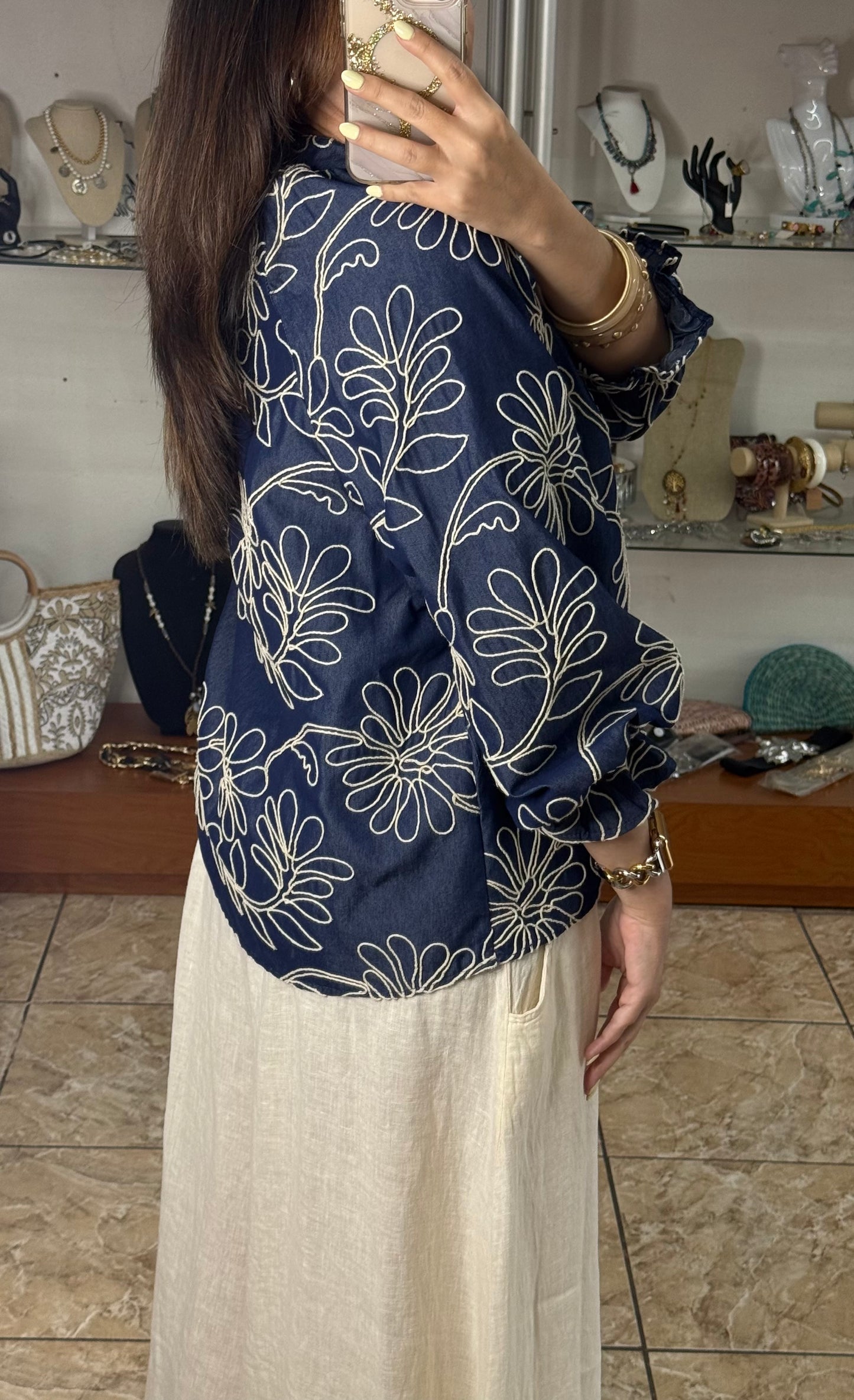 Long Sleeves OS Blue Denim Embroidered Top (NO RETURNS OR EXCHANGE)