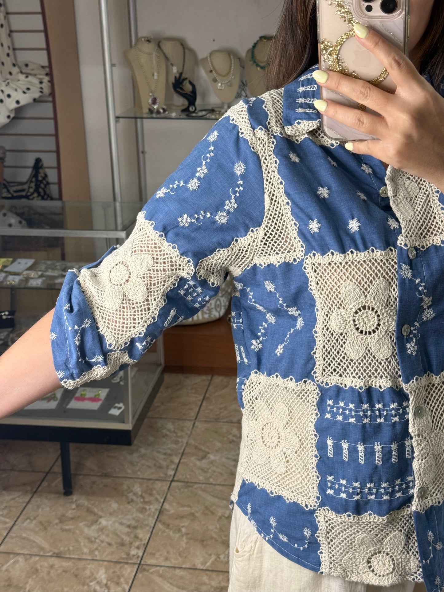 OS Blue Crochet/Embroidered Top (NO RETURNS OR EXCHANGE)