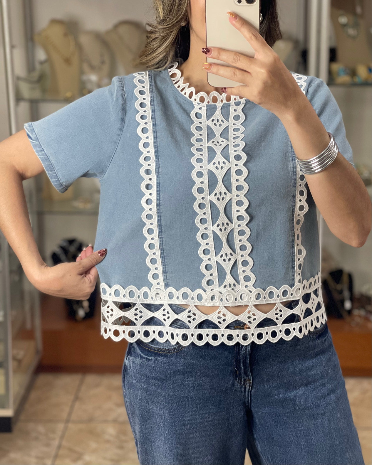 Light Denim and Lace Top