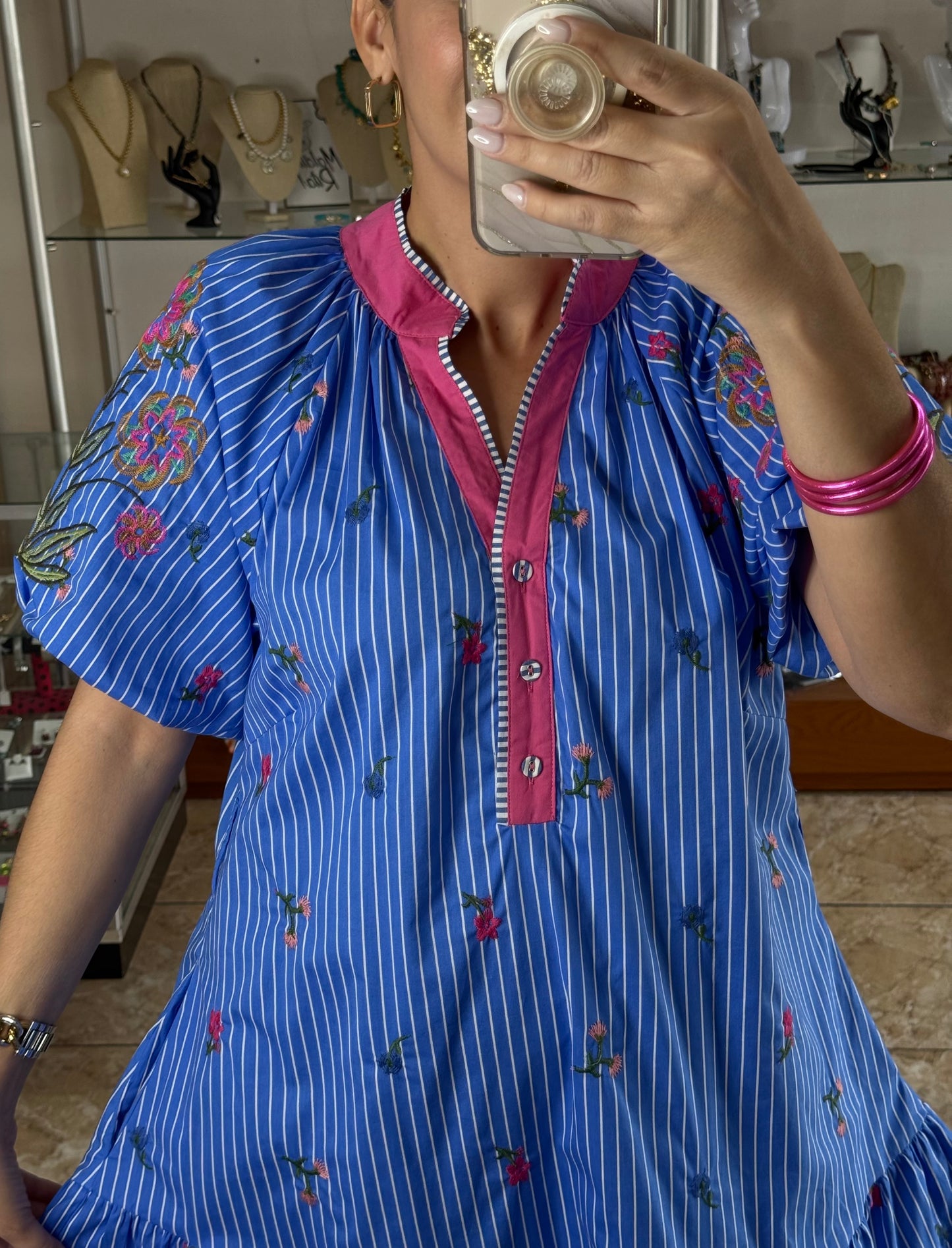 Puff Sleeves Floral Embroidered Mini Dress