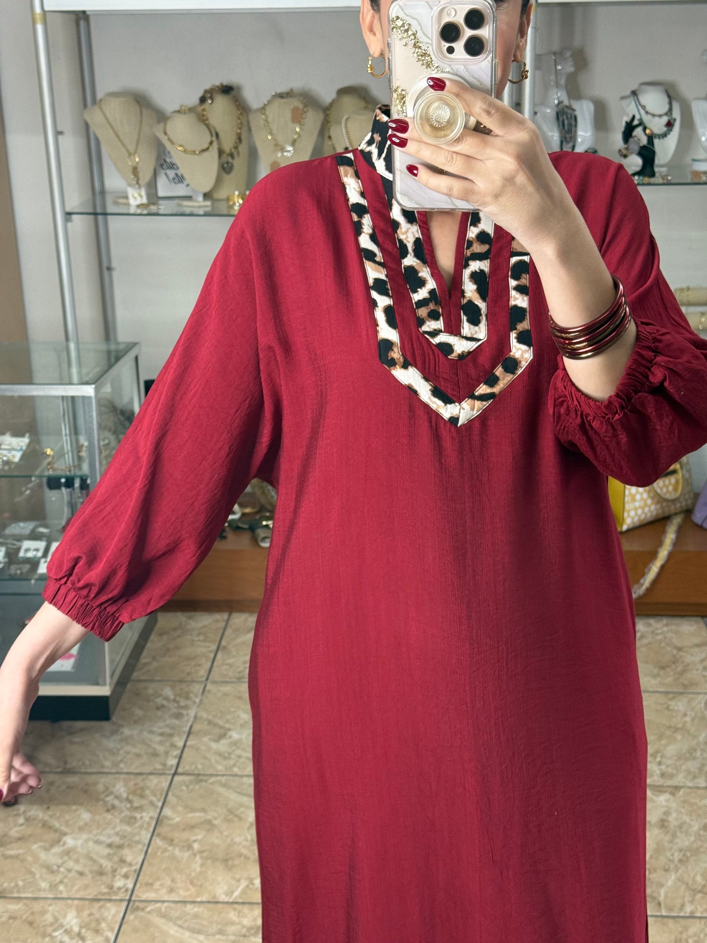 Burgundy/Leopard Maxi Dress