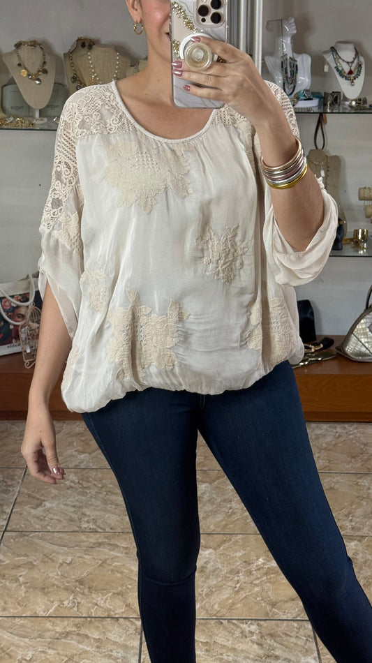 Cream Embroidered Silk OS Top (FINAL SALE)