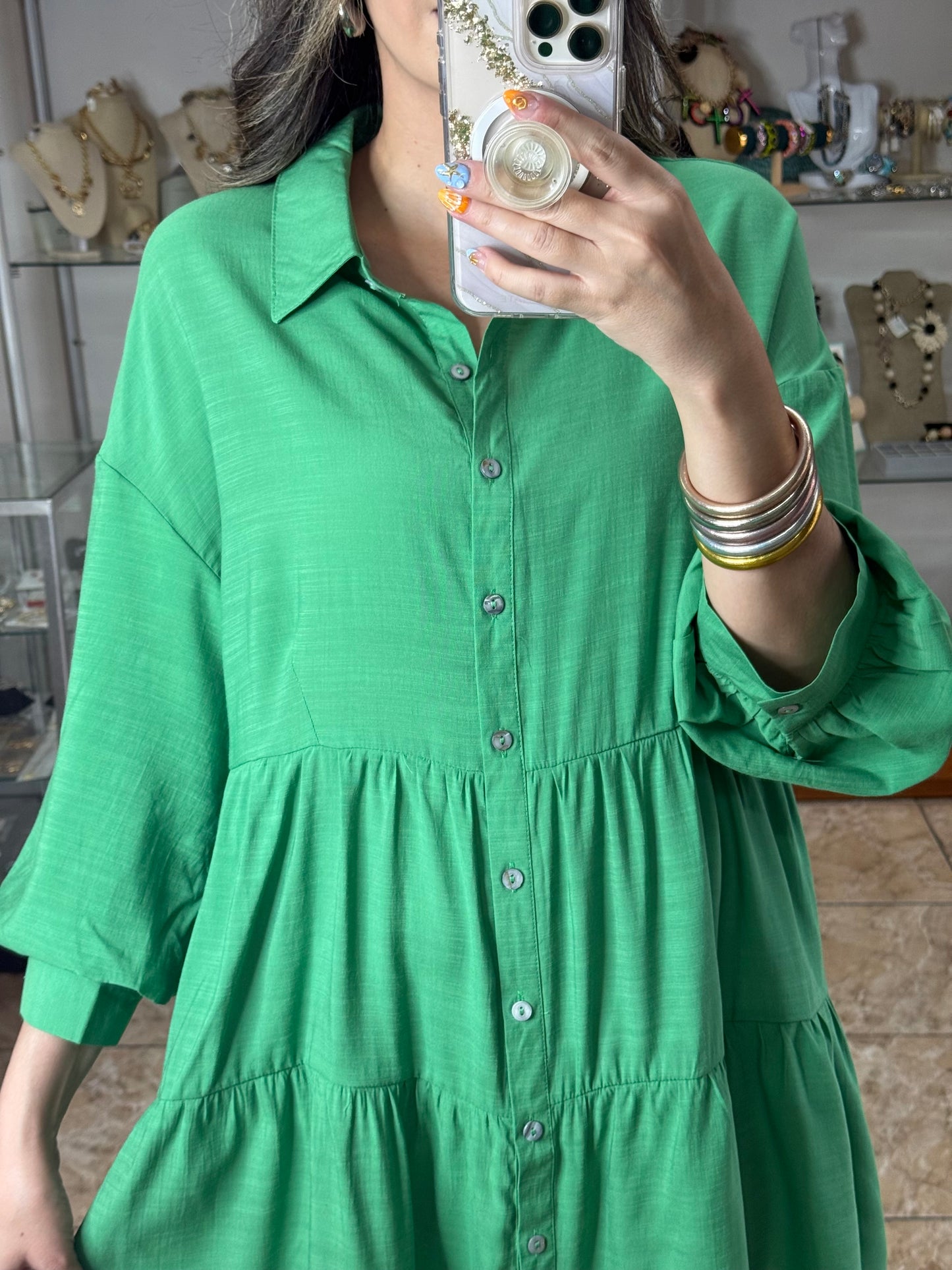 Long Sleeves Green Doll Dress