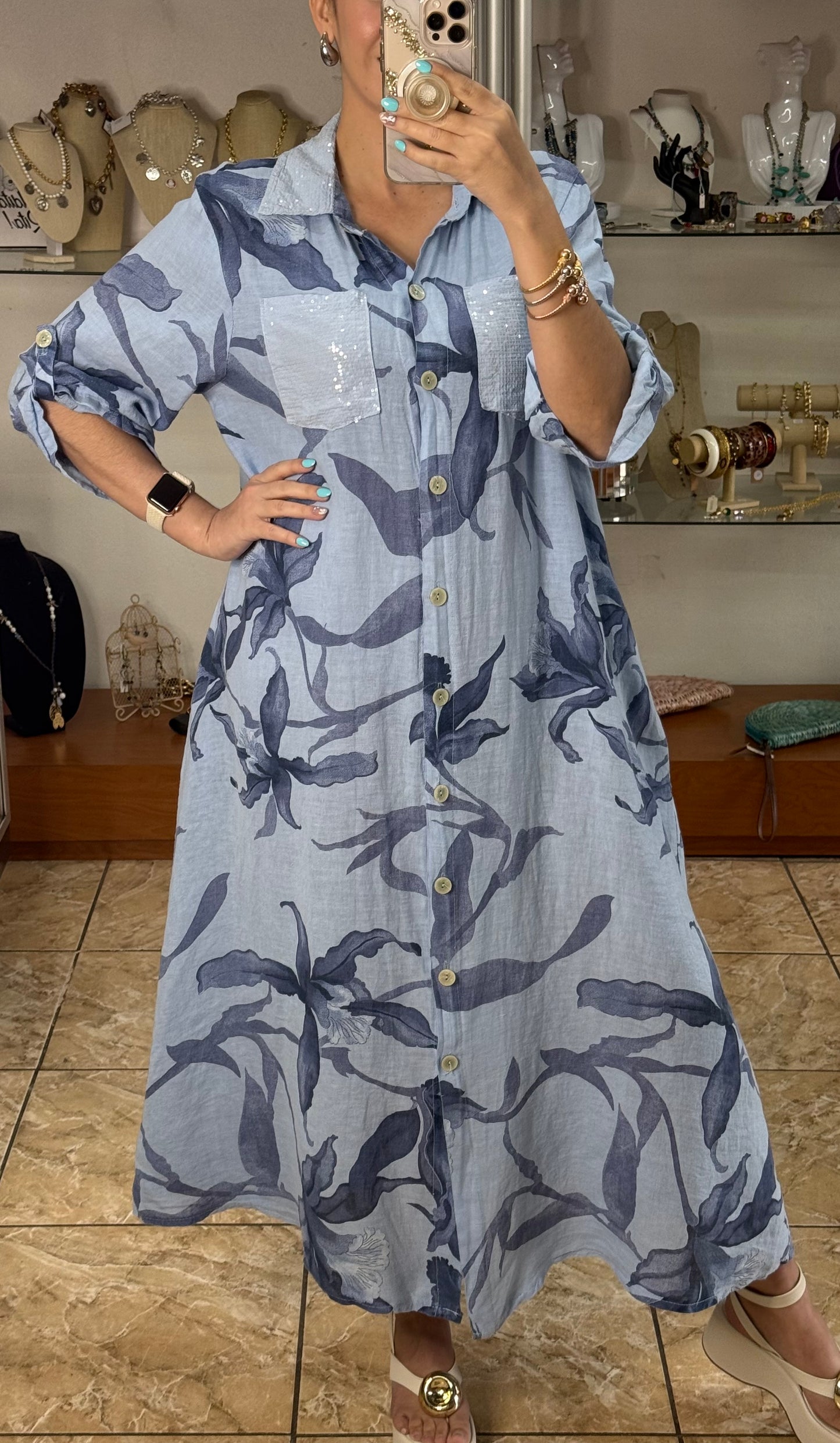 Blue Linen OS Button Down Maxi Dress (FINAL SALE)