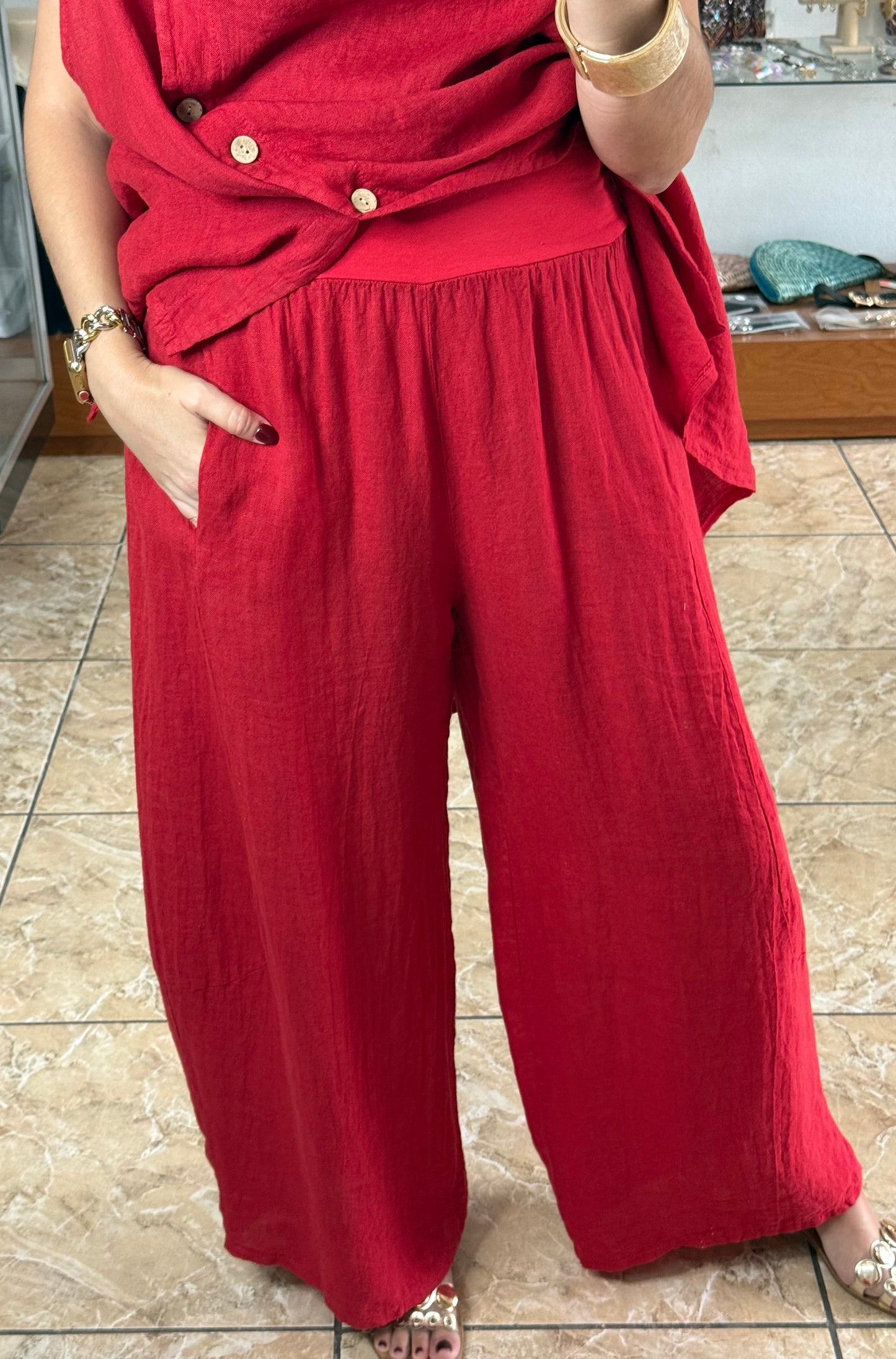 OS Linen Asymmetrical Top & Barrel Pant Set (NO RETURNS OR EXCHANGE)