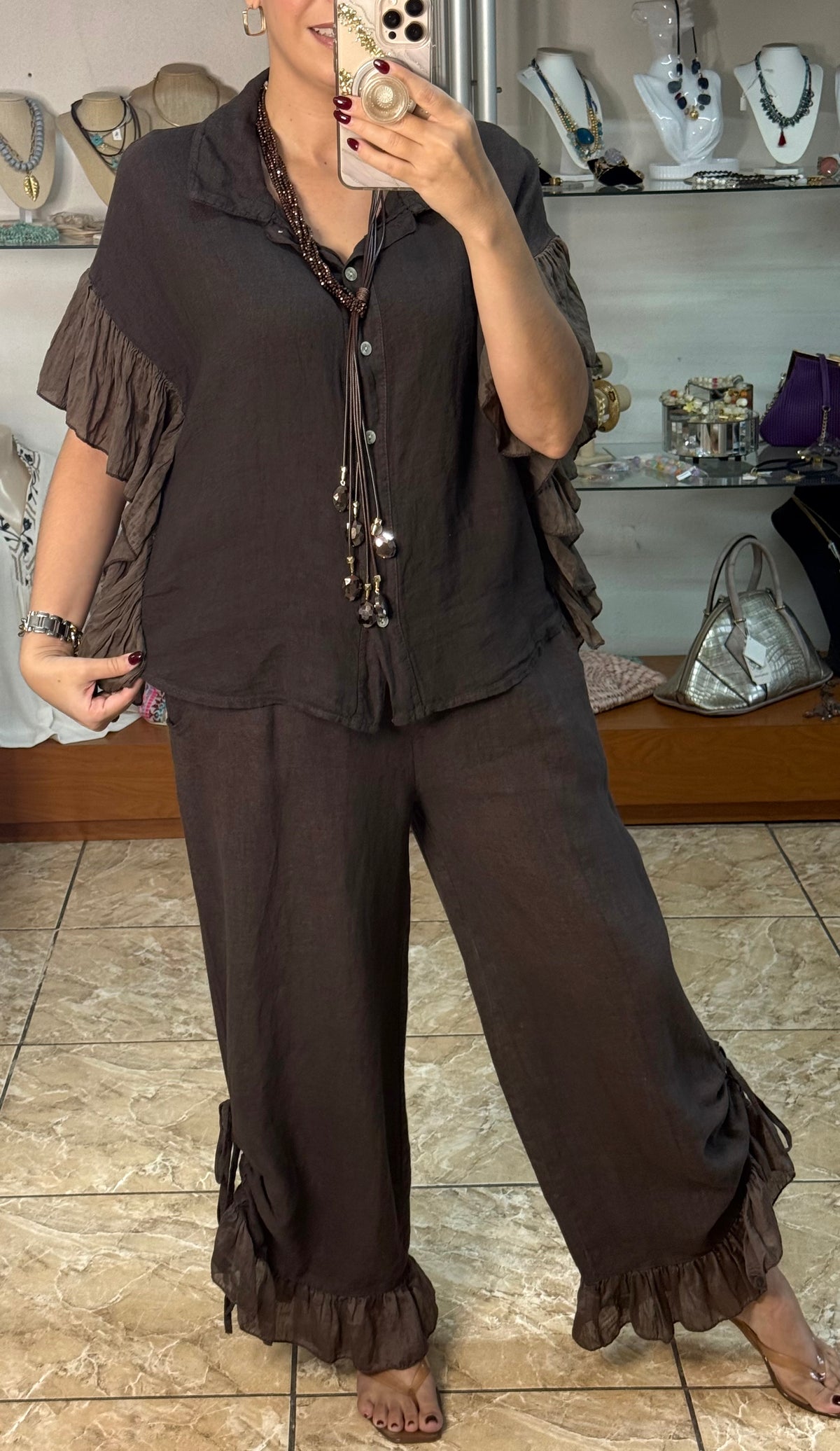 OS Linen Ruffle Top & Pant Set (NO RETURNS OR EXCHANGE)