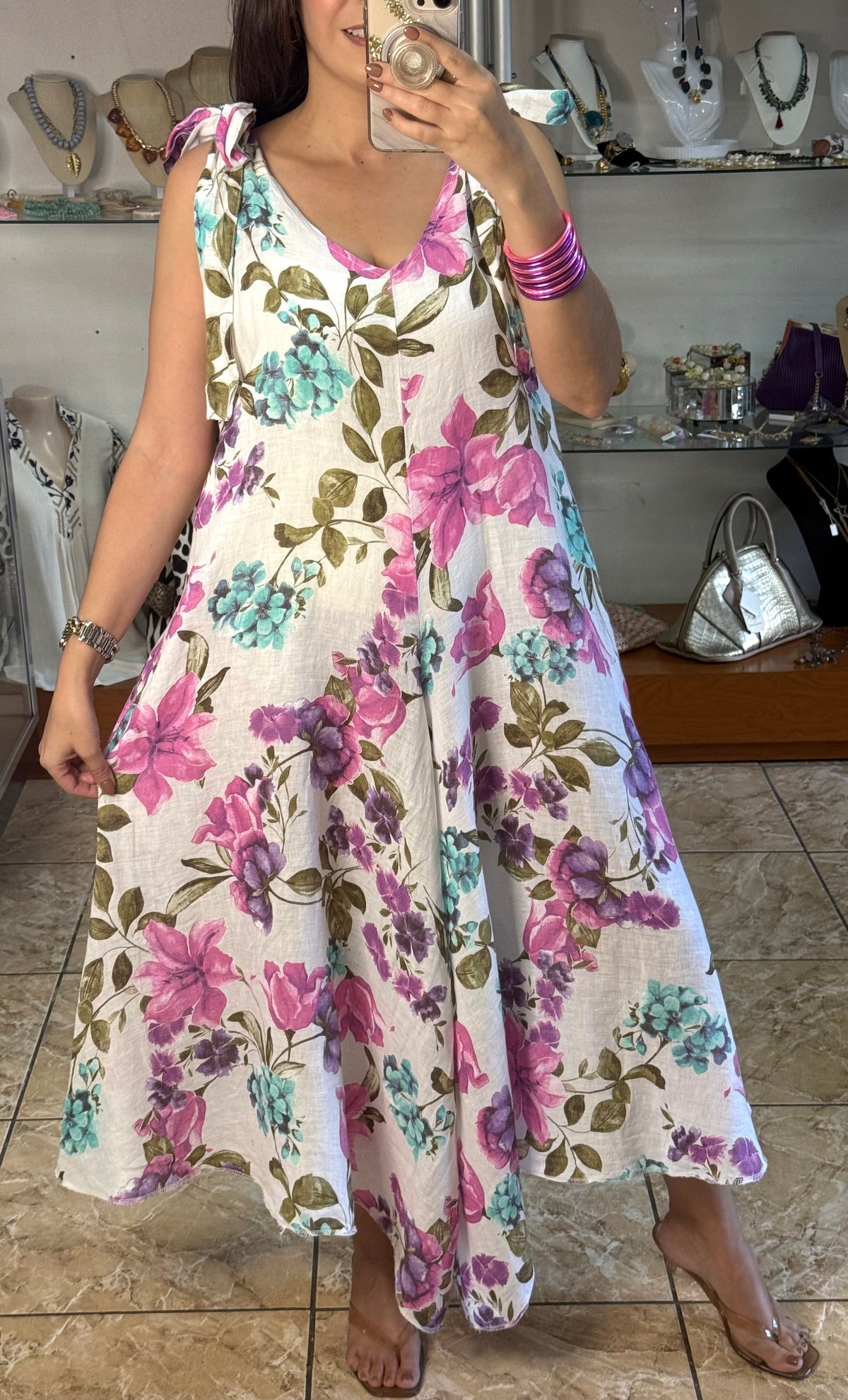 OS Pink/Purple Floral Linen Jumpsuit (NO RETURNS OR EXCHANGE)