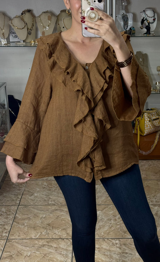 OS Long Sleeve Ruffled Linen Top (FINAL SALE)