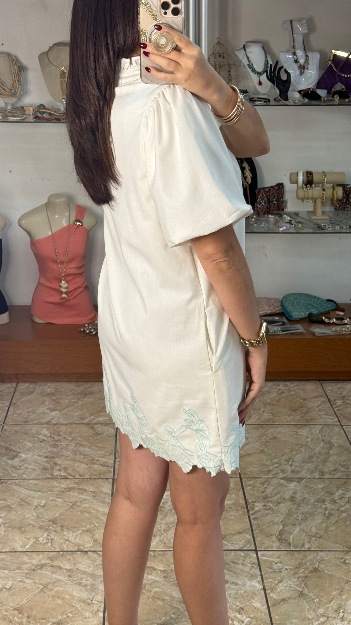 Bubble Sleeve Ruffled Neck Mini Dress