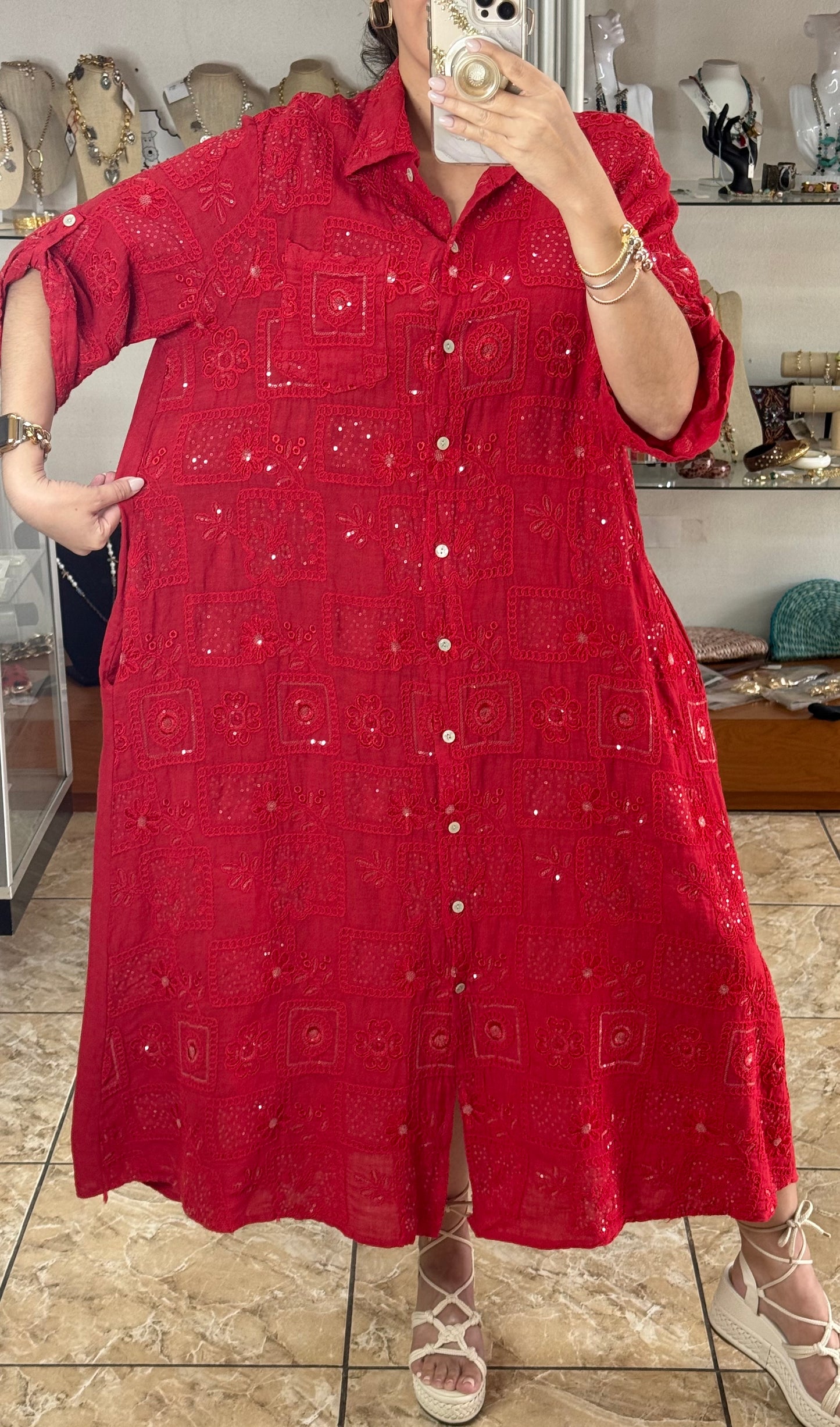 OS Sequins Embroidered Linen Maxi Dress (NO RETURNS OR EXCHANGE)