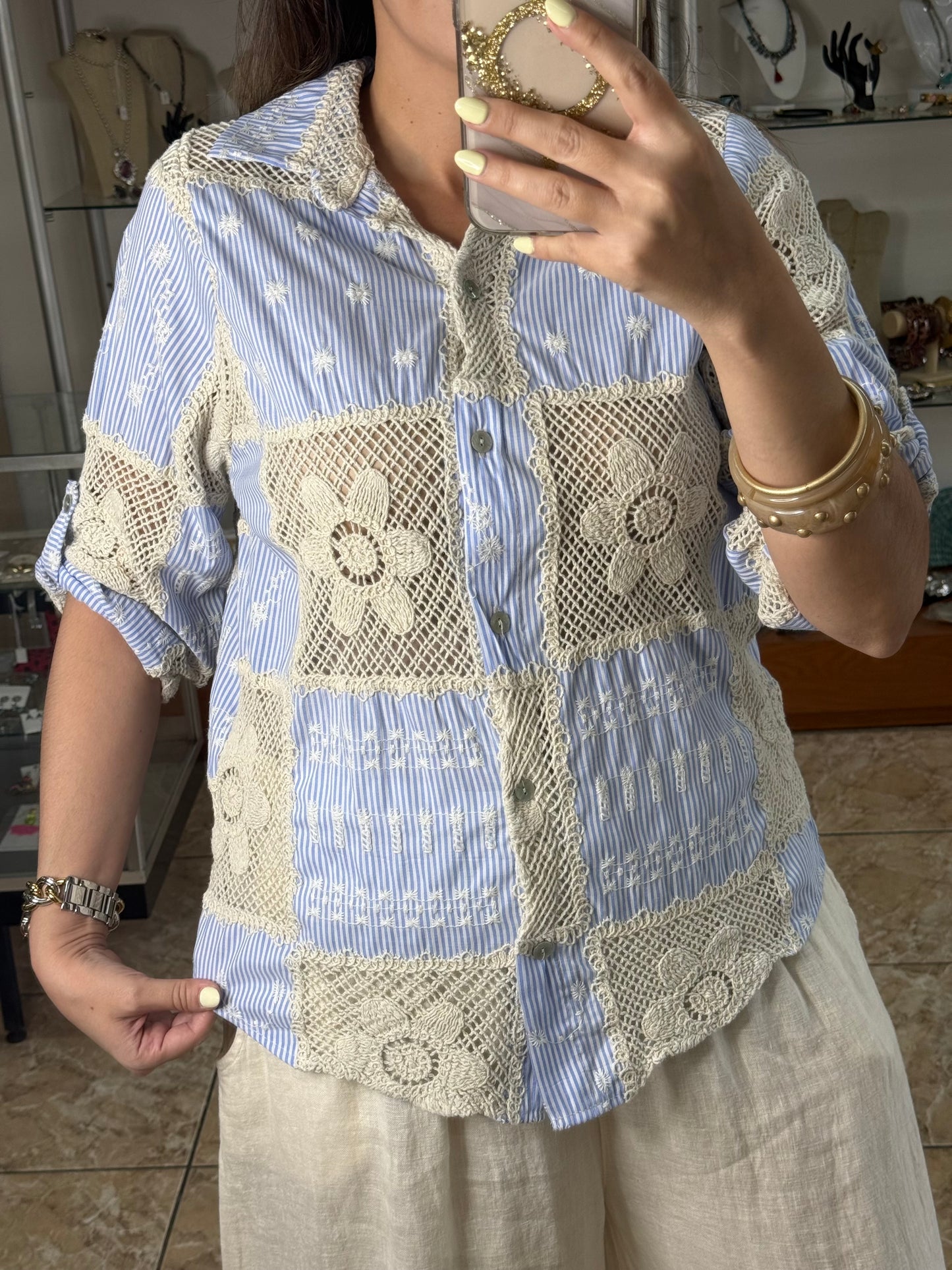 OS Striped Crochet/Embroidered Top (NO RETURNS OR EXCHANGE)
