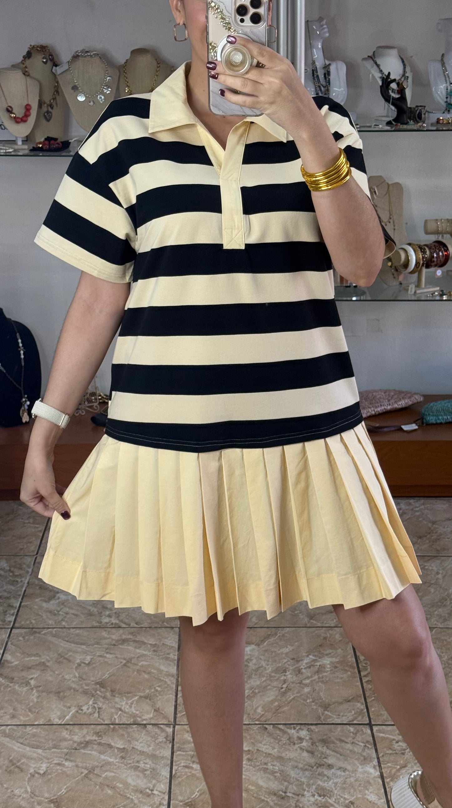 Striped Polo Pleated Mini Dress (Reg & Plus)