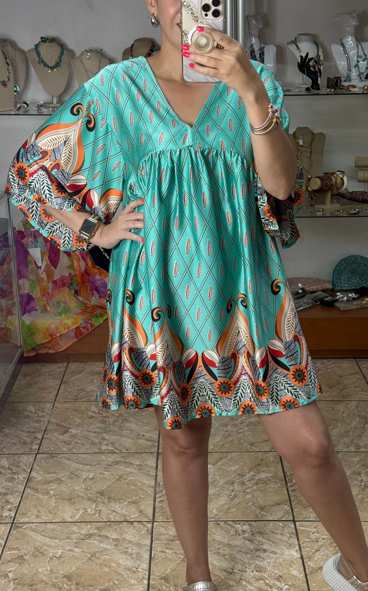 Mint Mix Kimono Sleeve Mini Dress