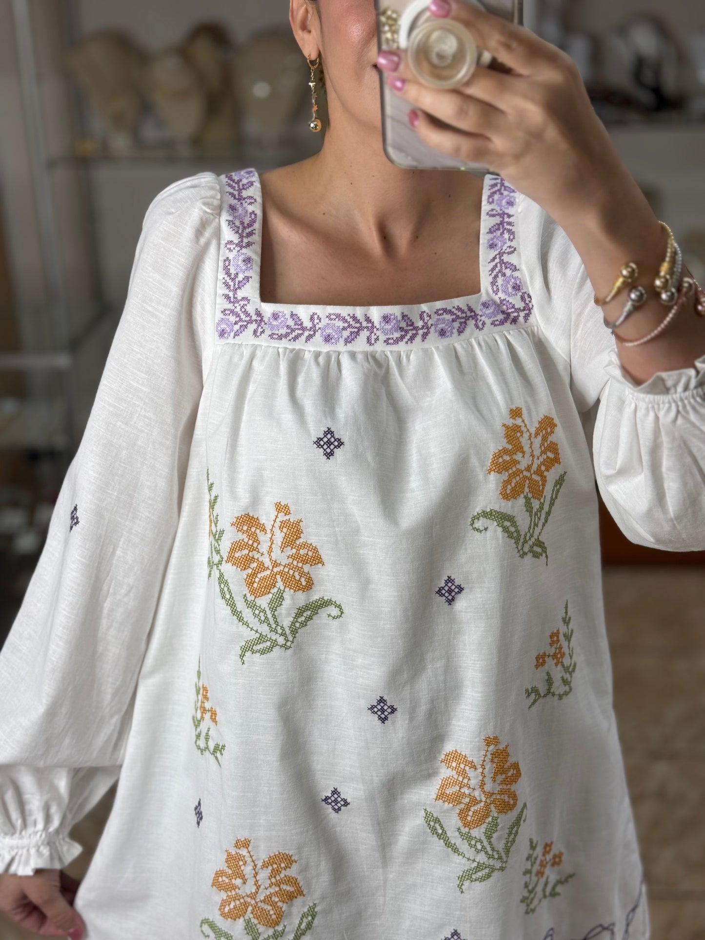 Long Sleeves Embroidered Mini Dress (FINAL SALE)