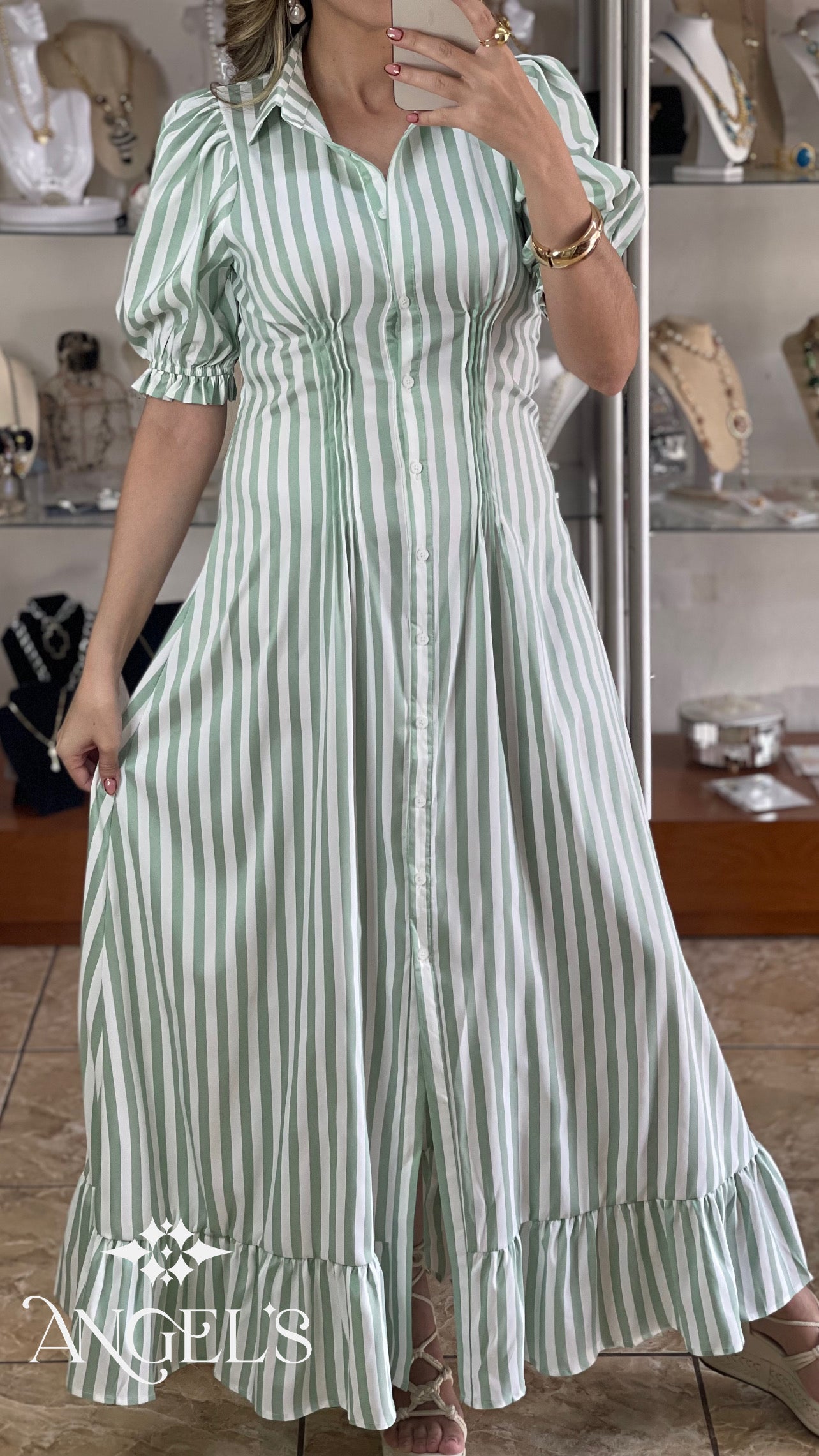 Stripes Bubble Sleeve Maxi Dress