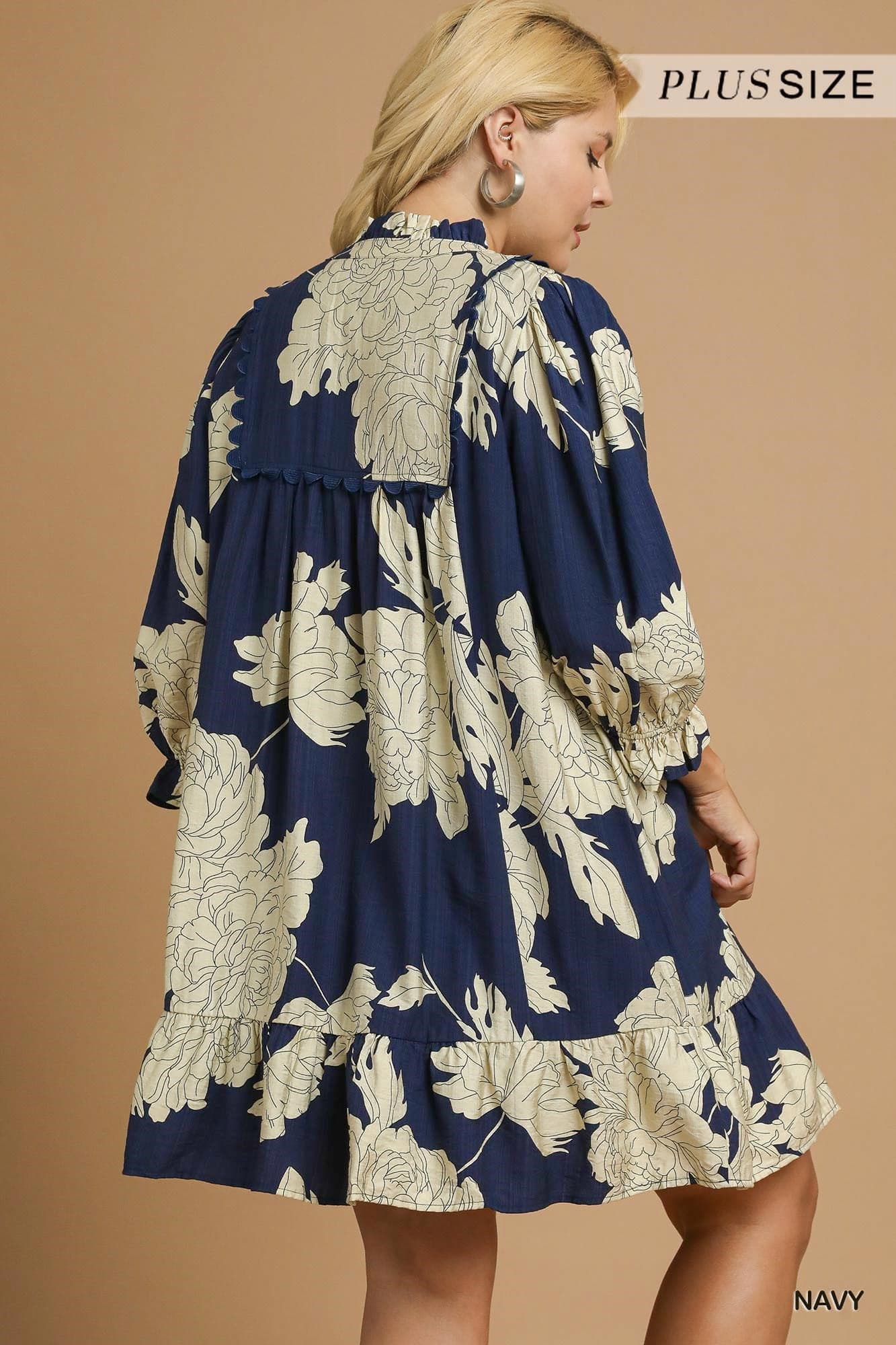 Navy Floral Tiered Babydoll Dress (PLUS)