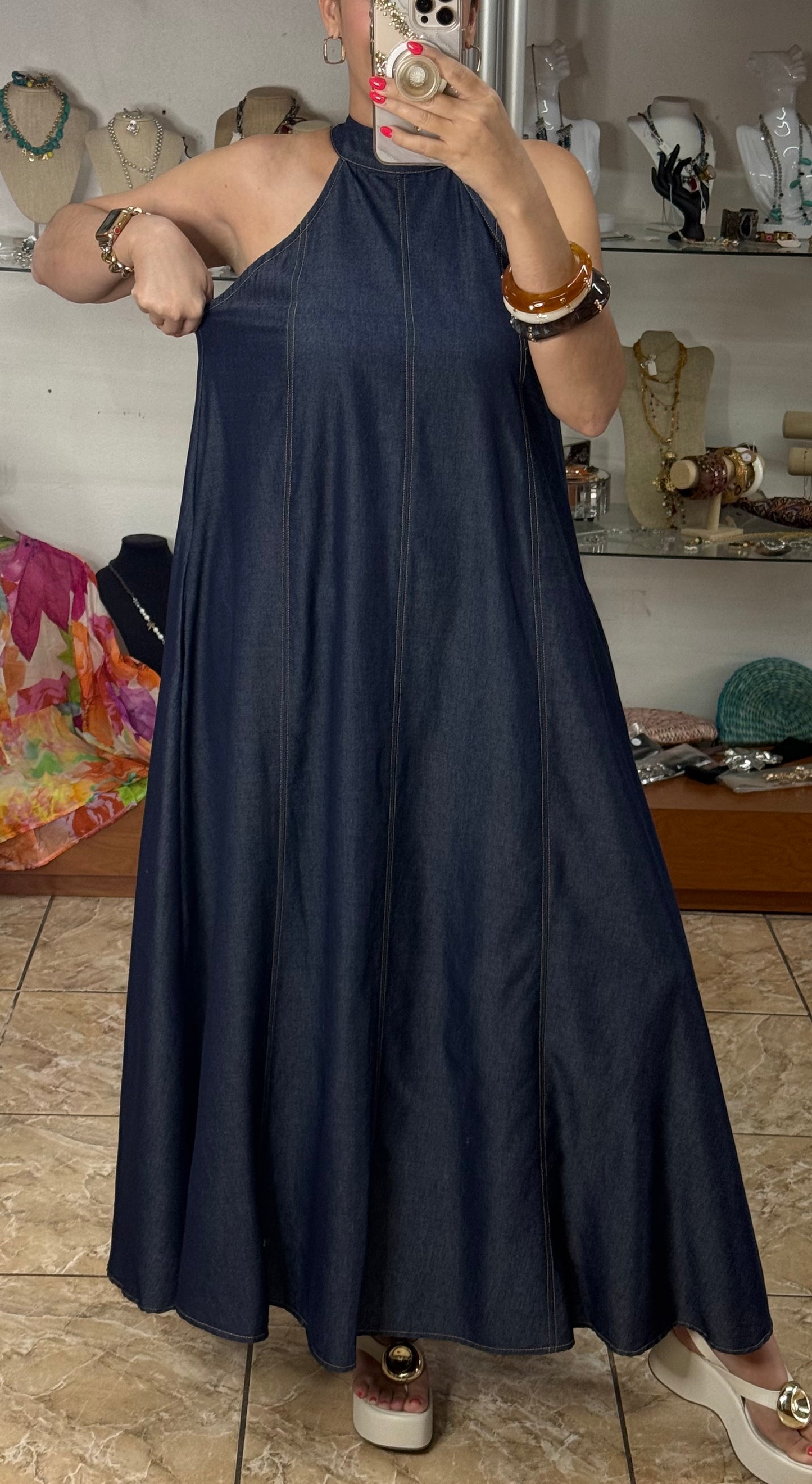 Halter Denim Maxi Dress