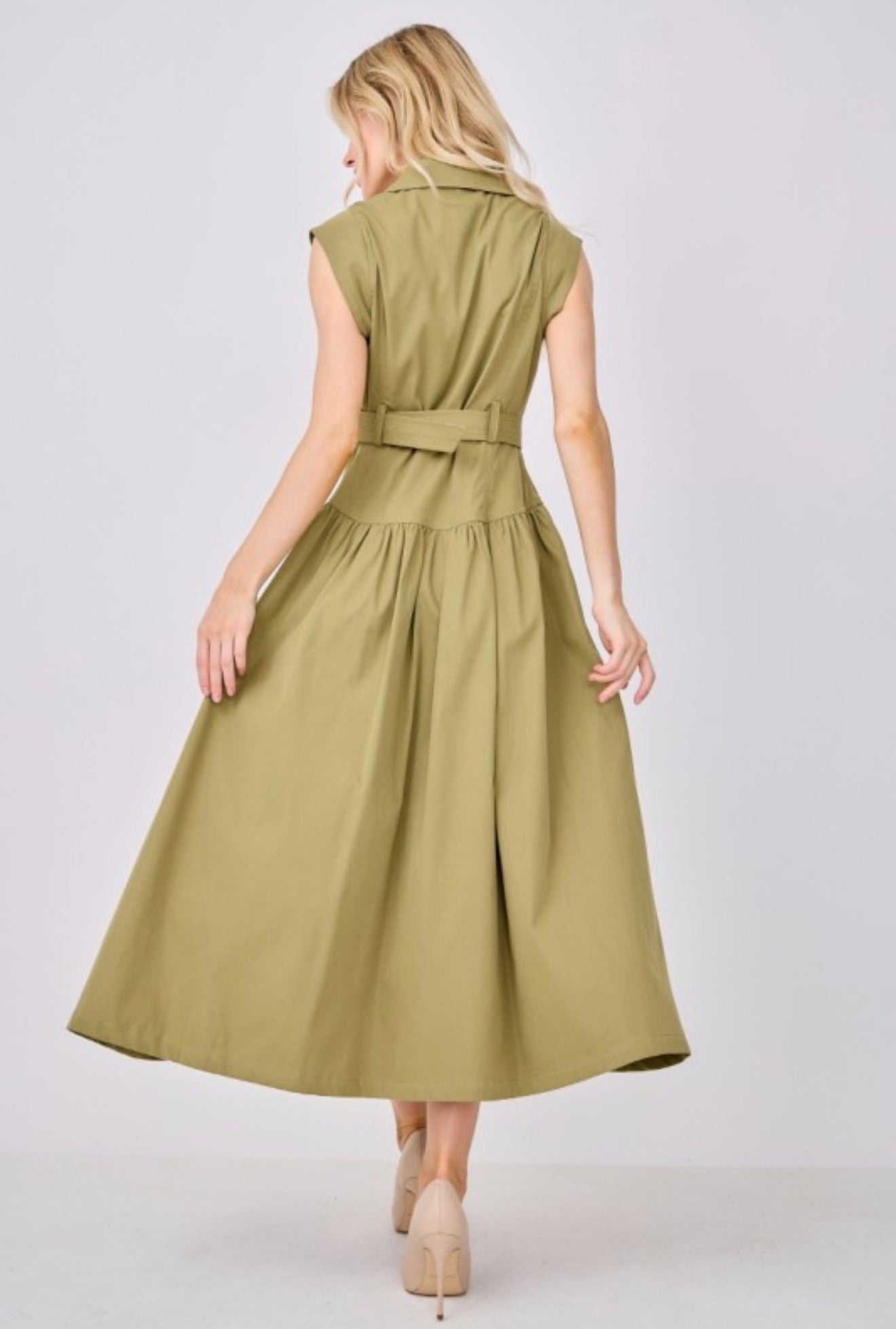 Olive Cap Sleeve Button Down Dress
