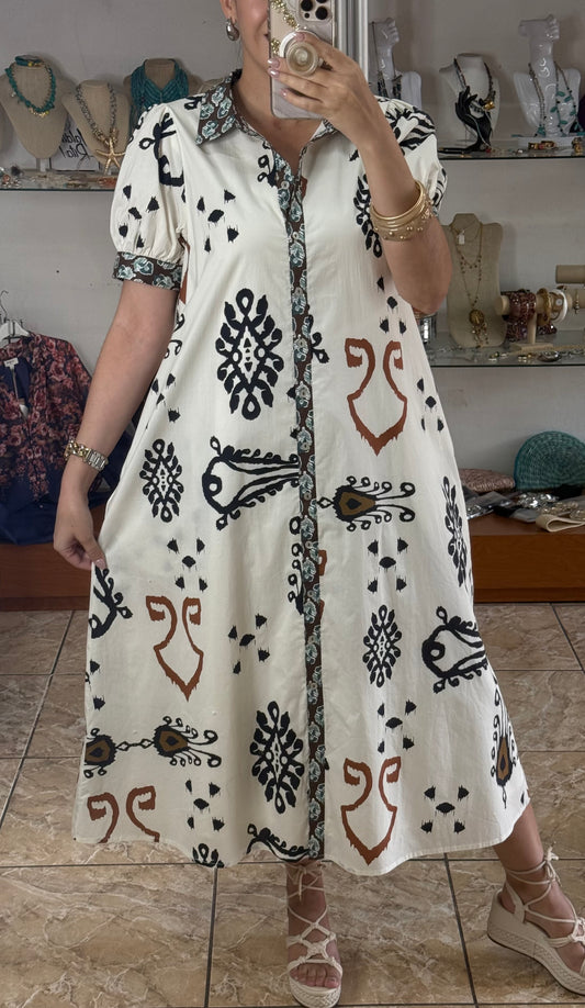 Ivory Mix Boho Print Midi Dress