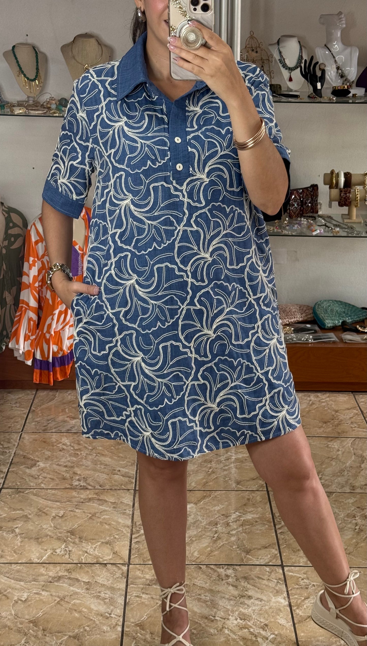 Blue/Cream Polo Style Dress