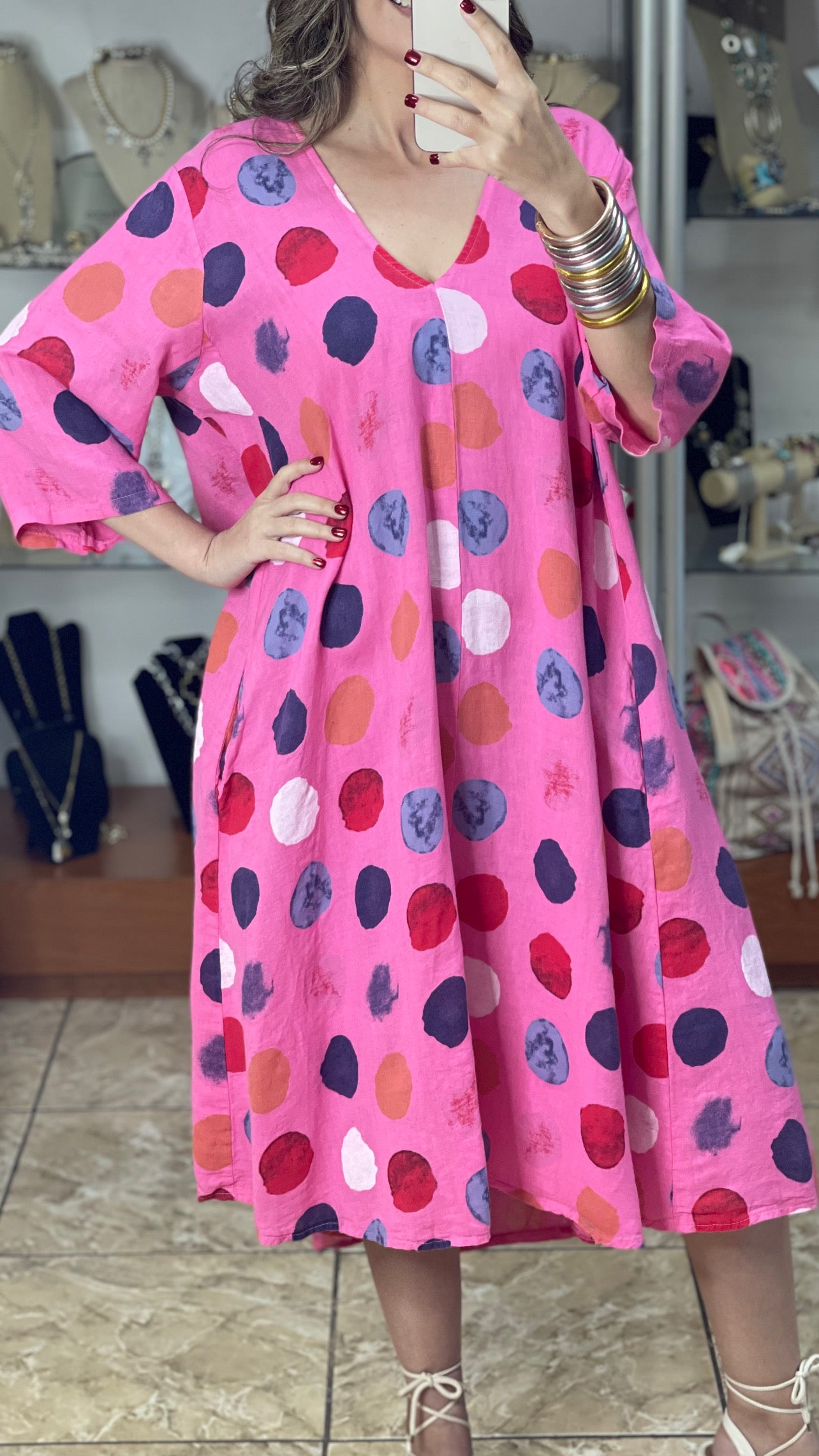 Pink Multi Polka OS Linen Dress