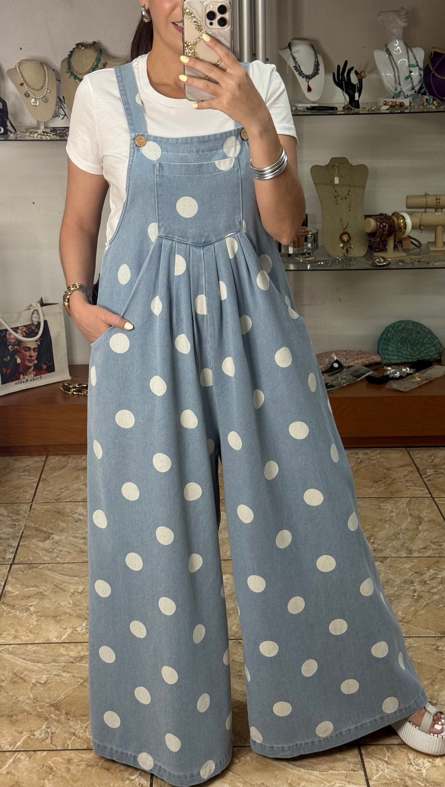 Denim Polkadot Overall Jumpsuit