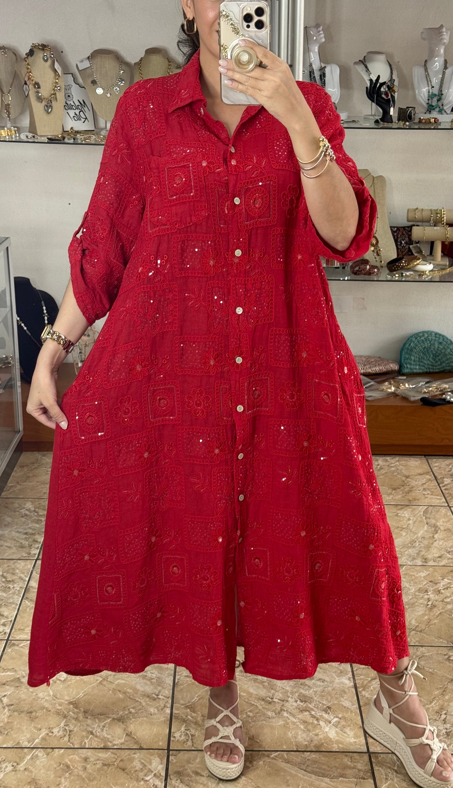 OS Sequins Embroidered Linen Maxi Dress (NO RETURNS OR EXCHANGE)