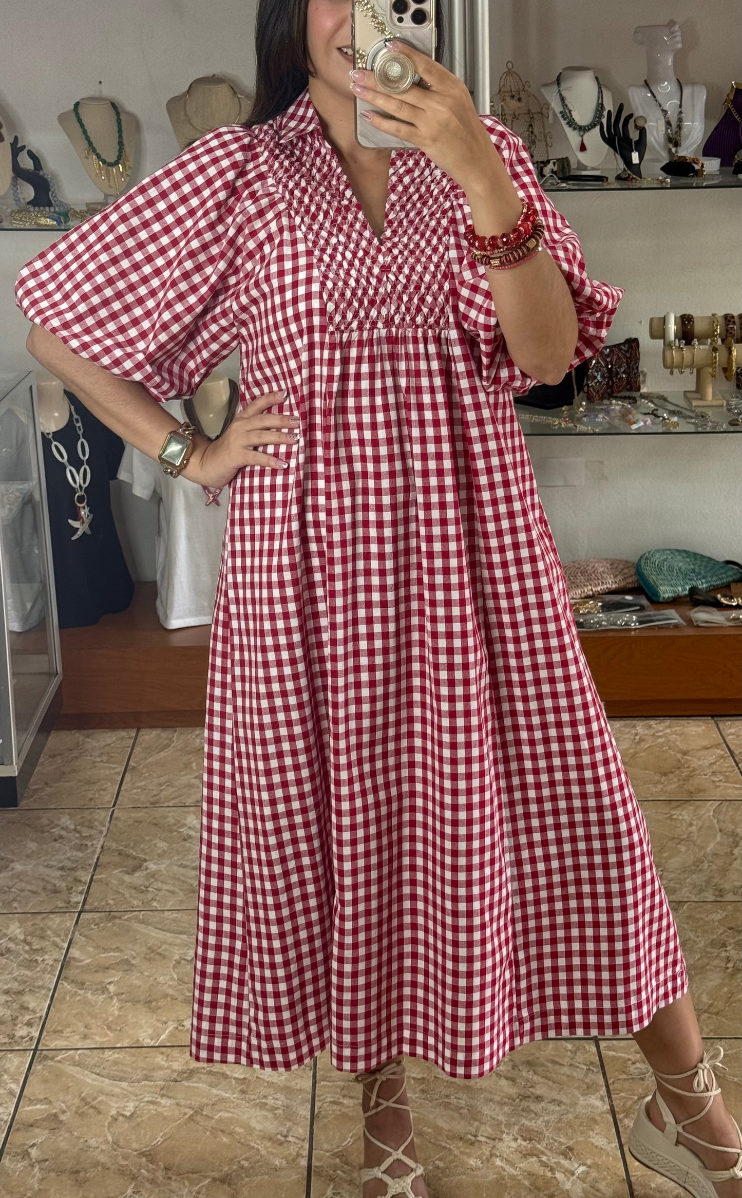 Puff Sleeve Plaid Midi Dress (Reg)