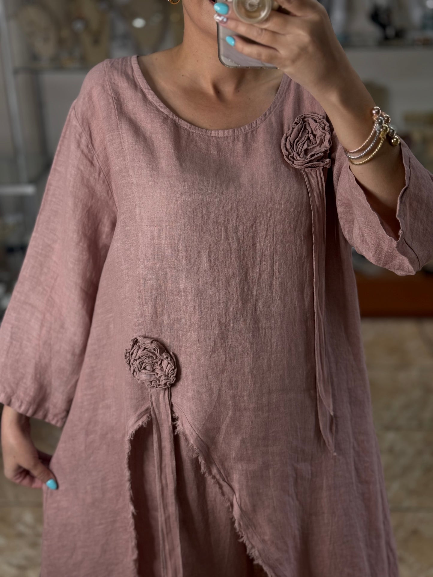 Dusty Rose OS Asymmetrical Top and Pant Linen Set (NO RETURNS OR EXCHANGE)