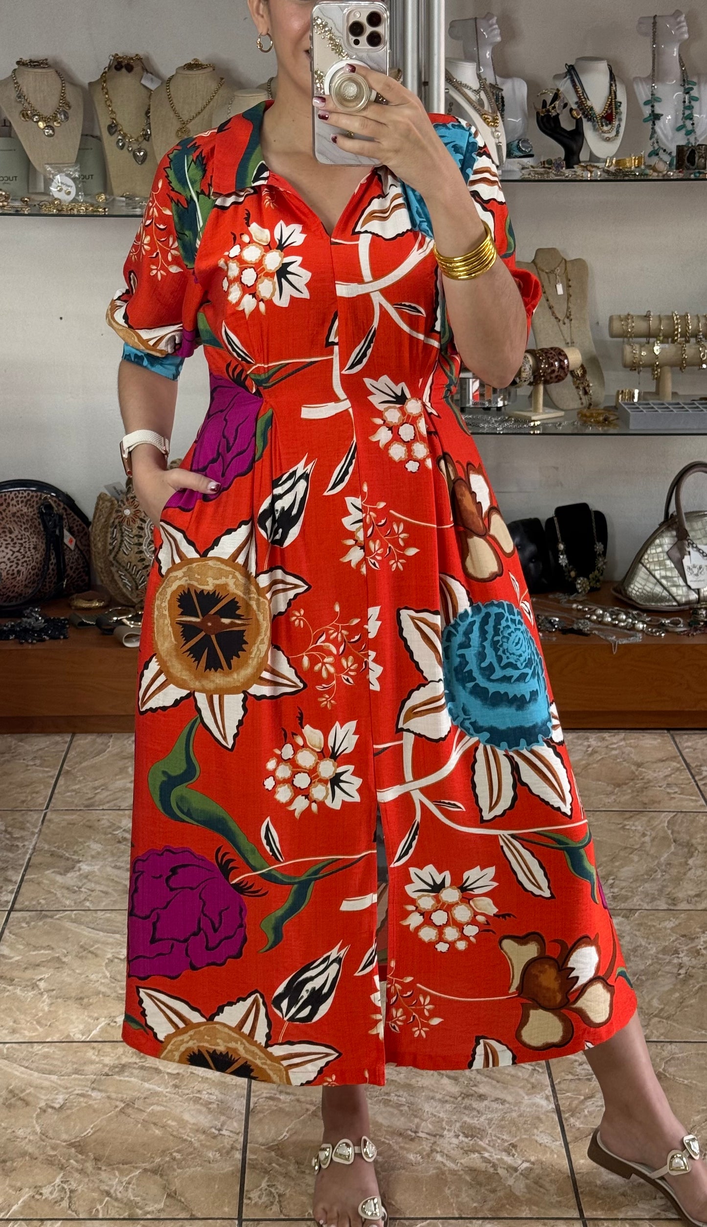 Orange Floral Midi Dress