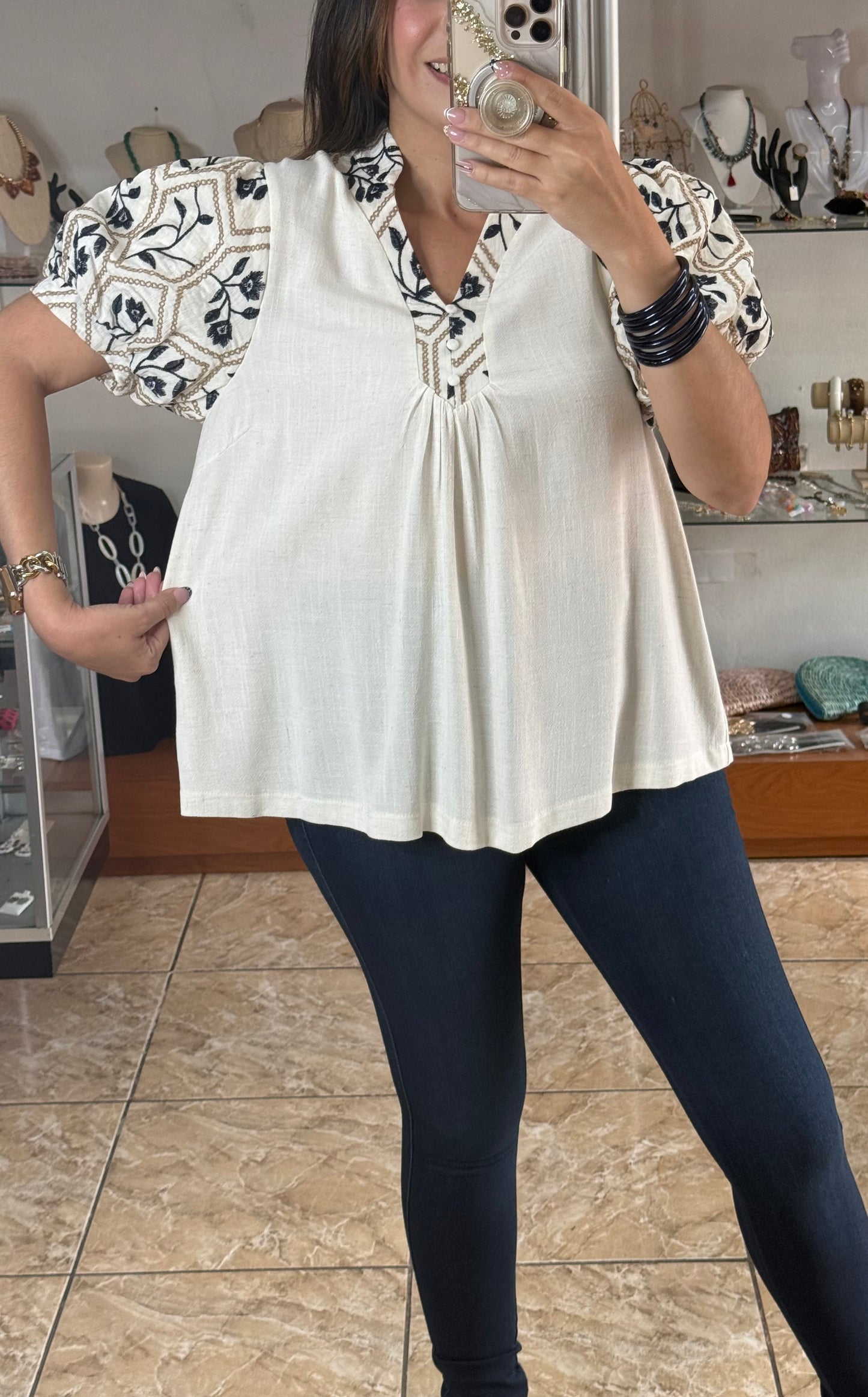Embroidered Sleeves Cream Top