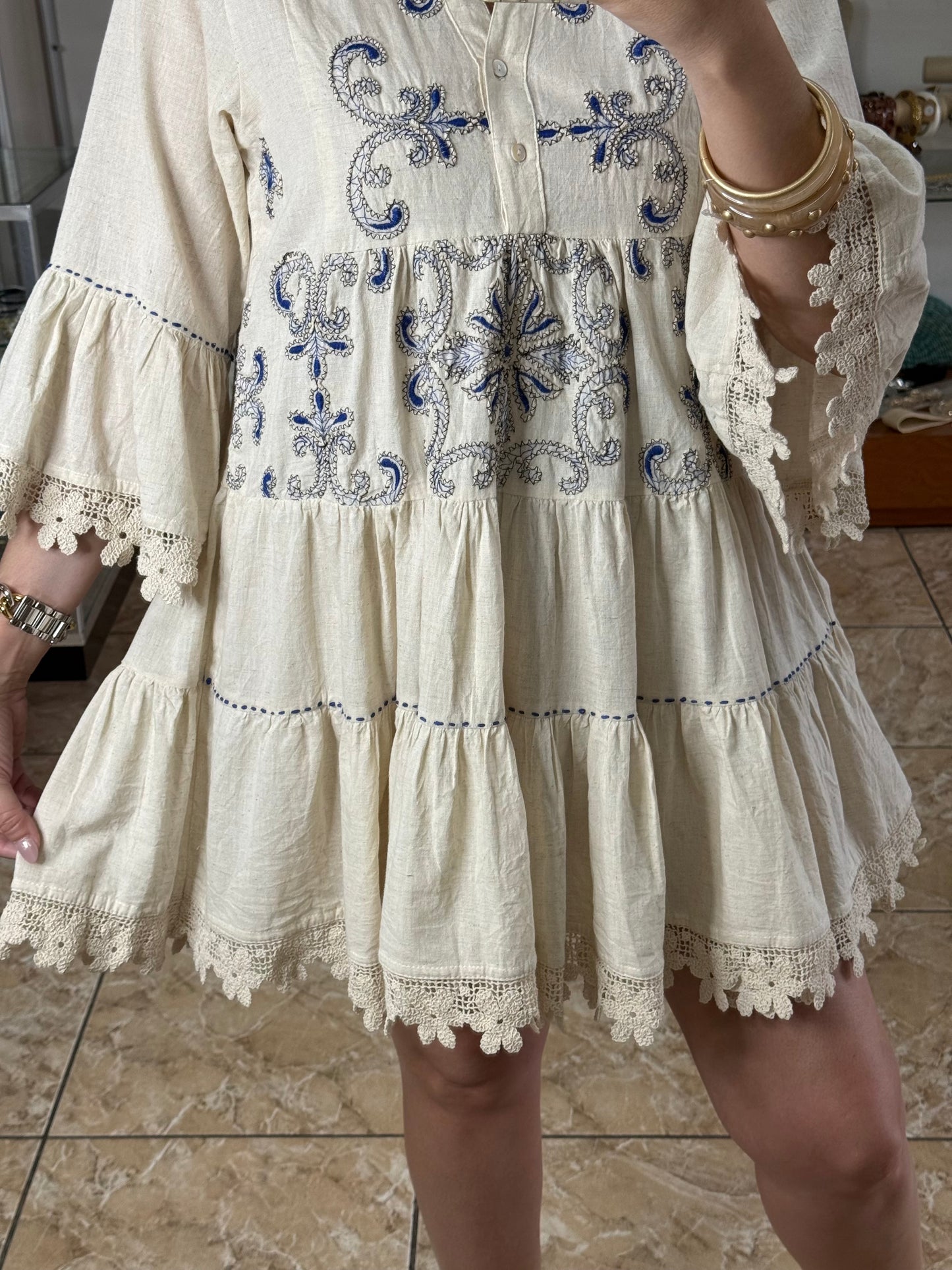 Natural and Blue Embroidered Boho Mini Dress