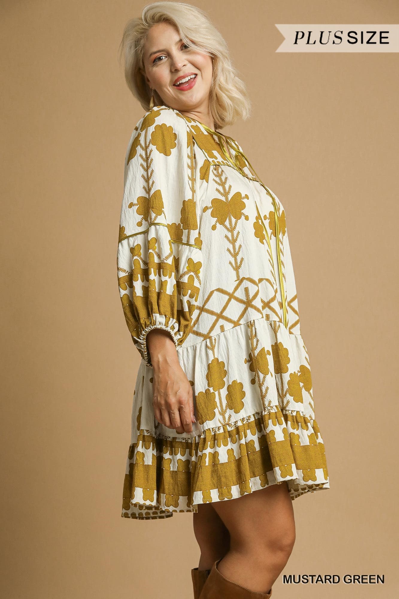 Mustard Green Tribal Print Dress (PLUS)