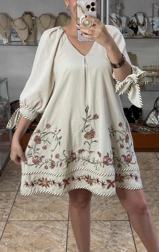 Cream Floral Embroidered Dress