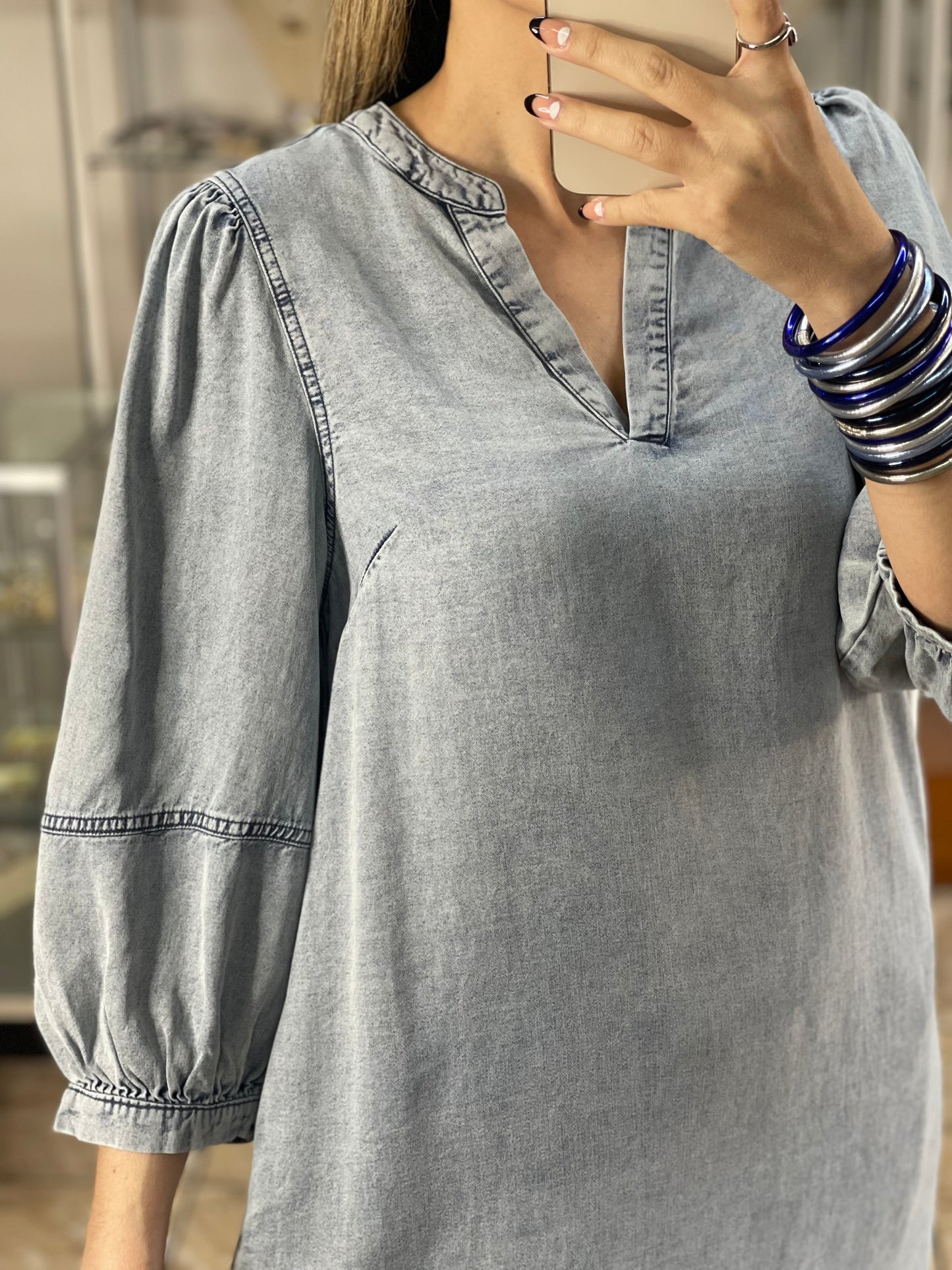 Washed Denim 3/4 Sleeve Dress