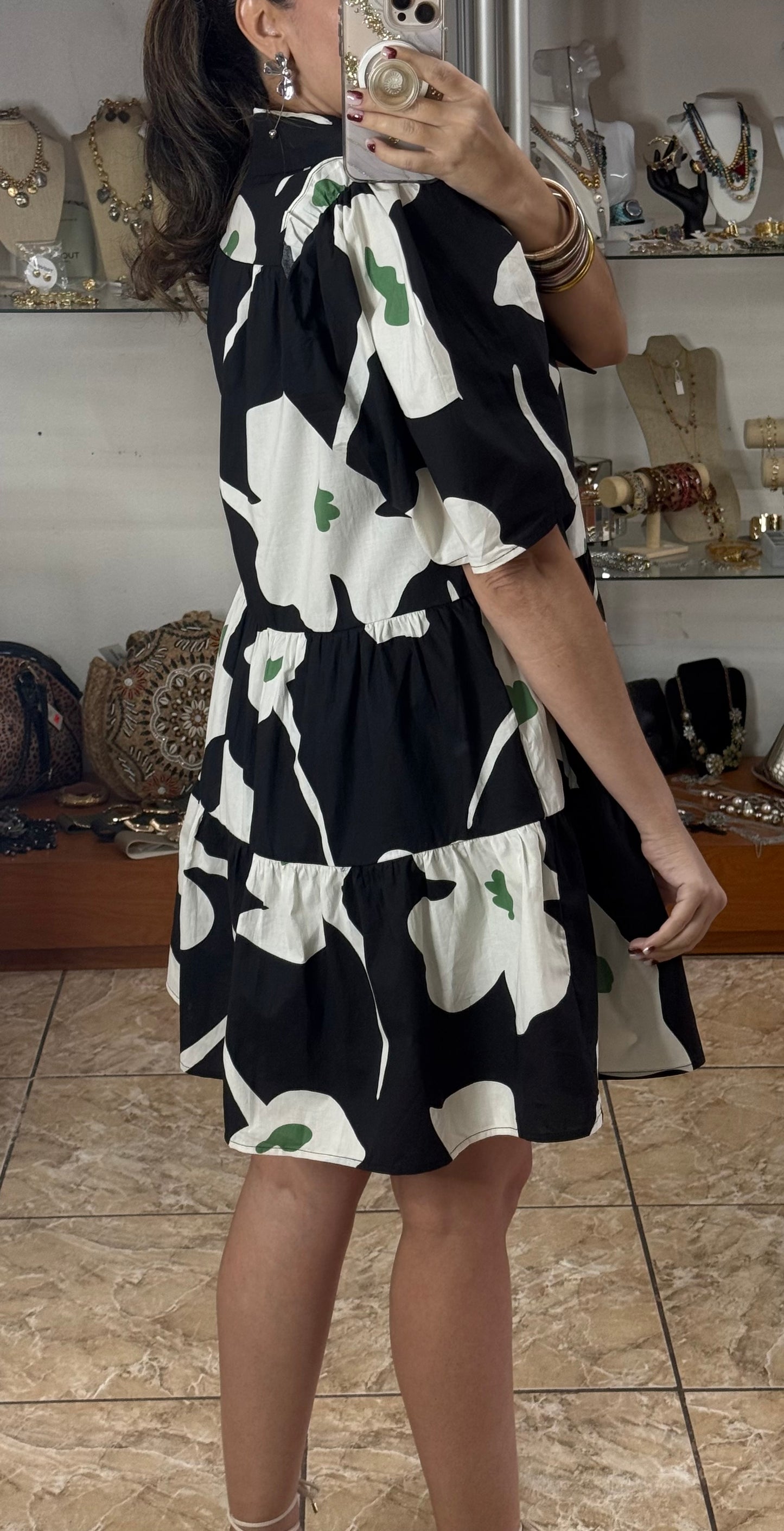 Puff Sleeves Black Floral Mini Doll Dress