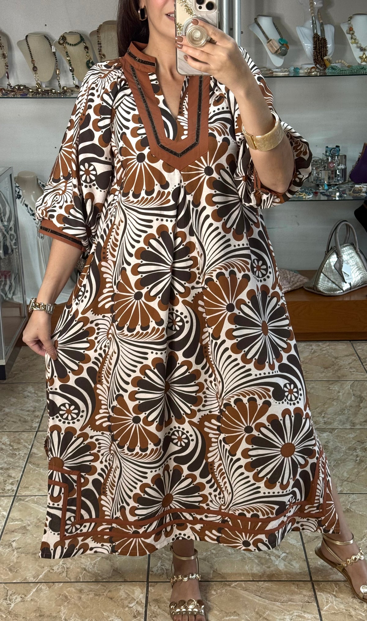 Brown Mix Abstract Print Midi Dress