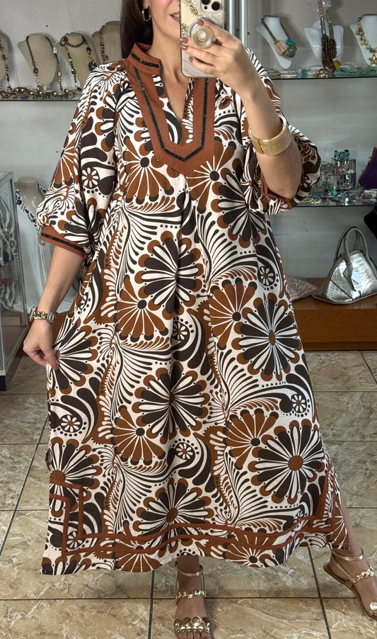Brown Mix Abstract Print Midi Dress