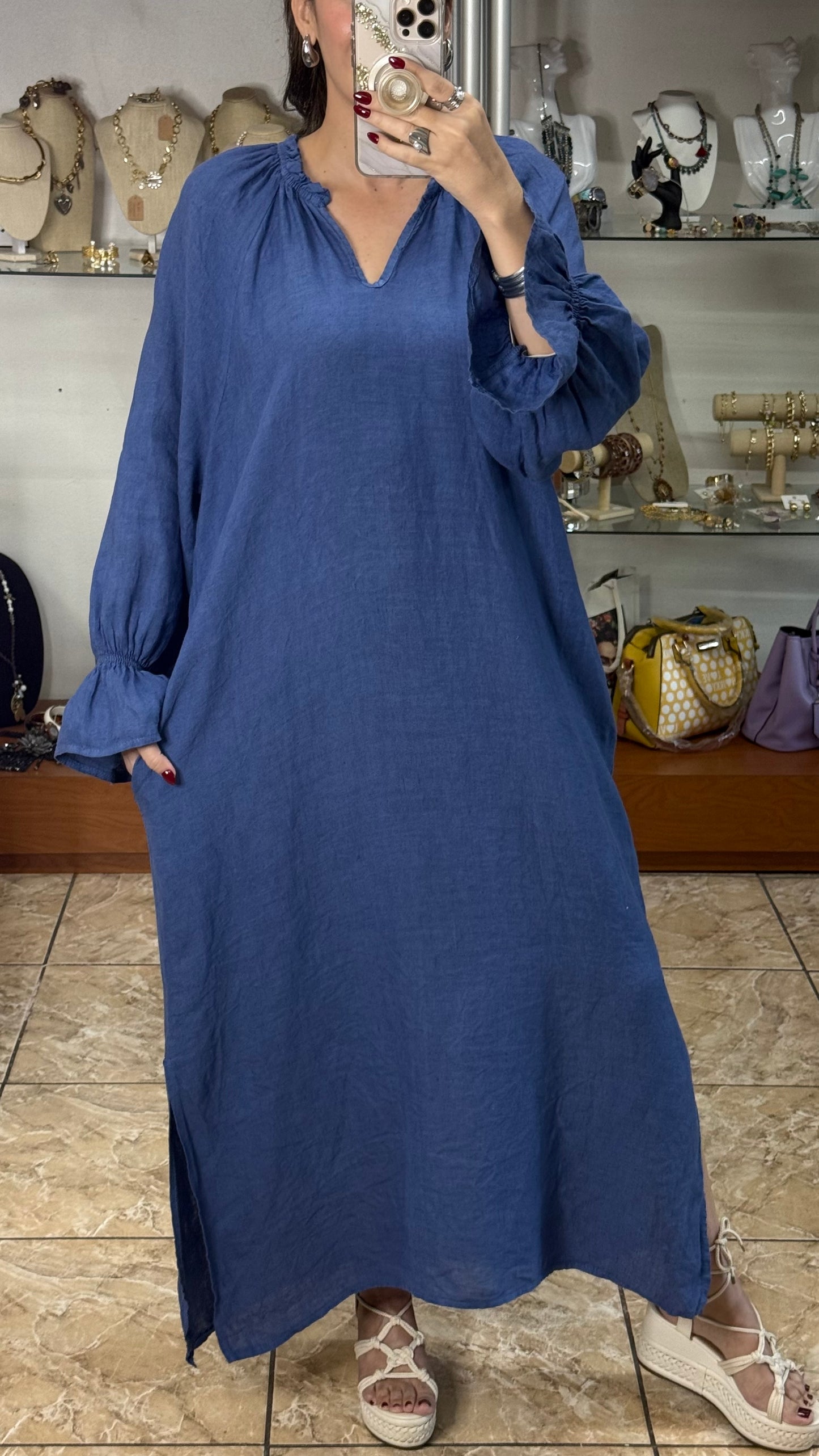 Long Sleeves OS Linen Maxi Dress (FINAL SALE)